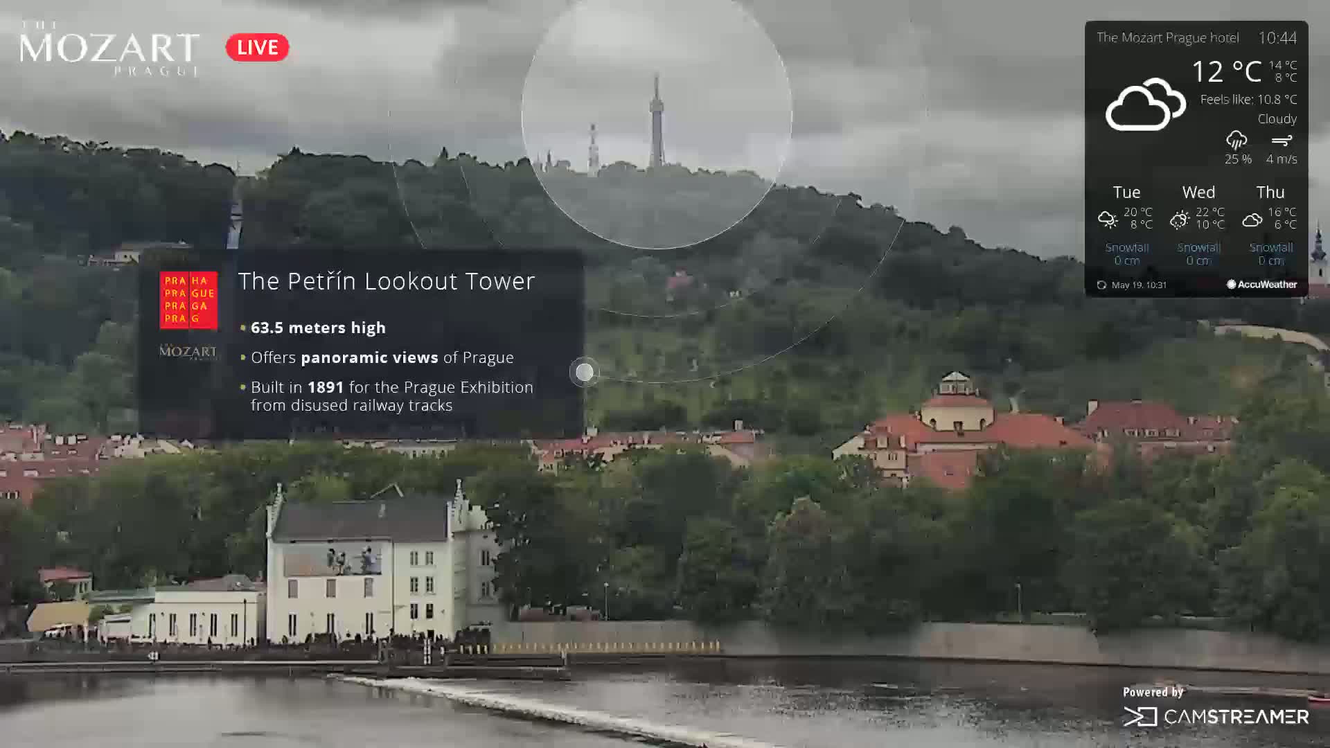 A cloudy, 12°C day in Prague shows a view of the Petřín Lookout Tower and a river with buildings along the waterfront.