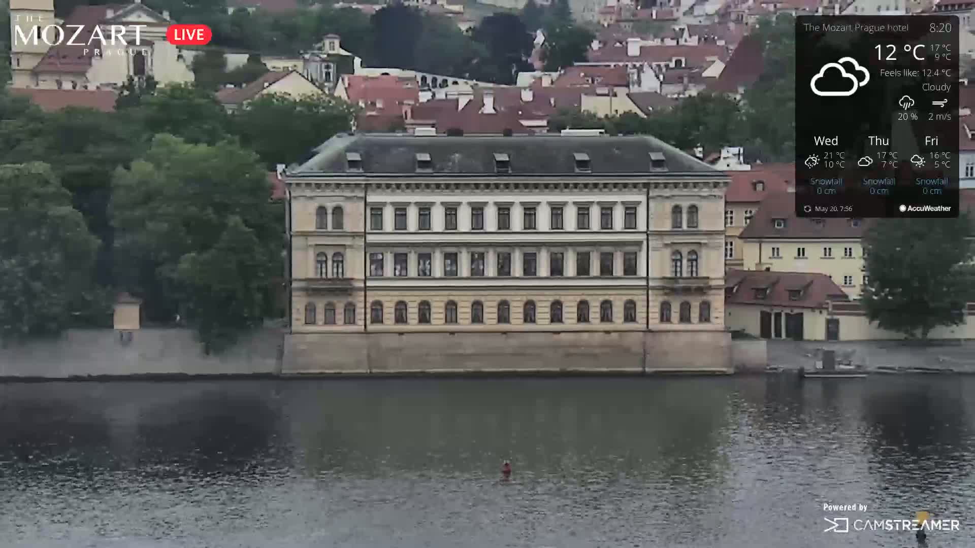 A large, light-beige building stands along a river under cloudy skies.