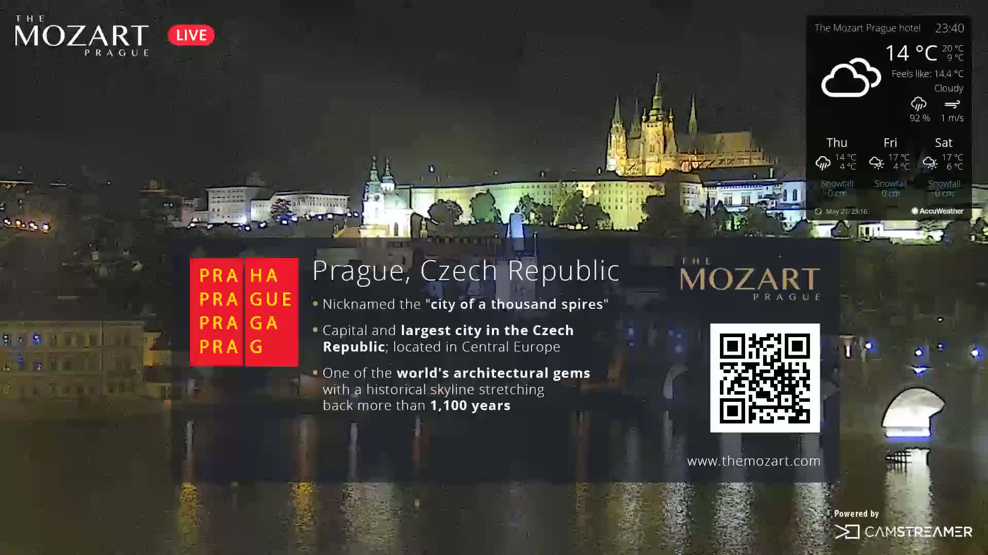 A nighttime view of Prague's illuminated cityscape across a dark river under cloudy skies.