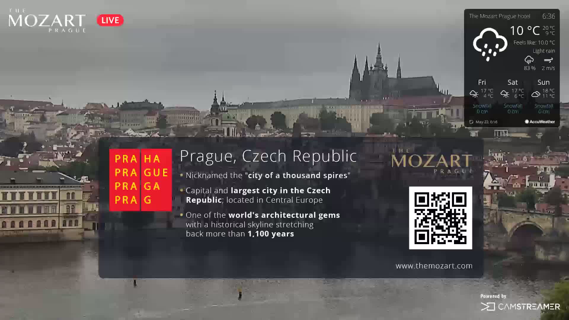 A long shot of Prague, Czech Republic, shows a city skyline along a river under light rain.