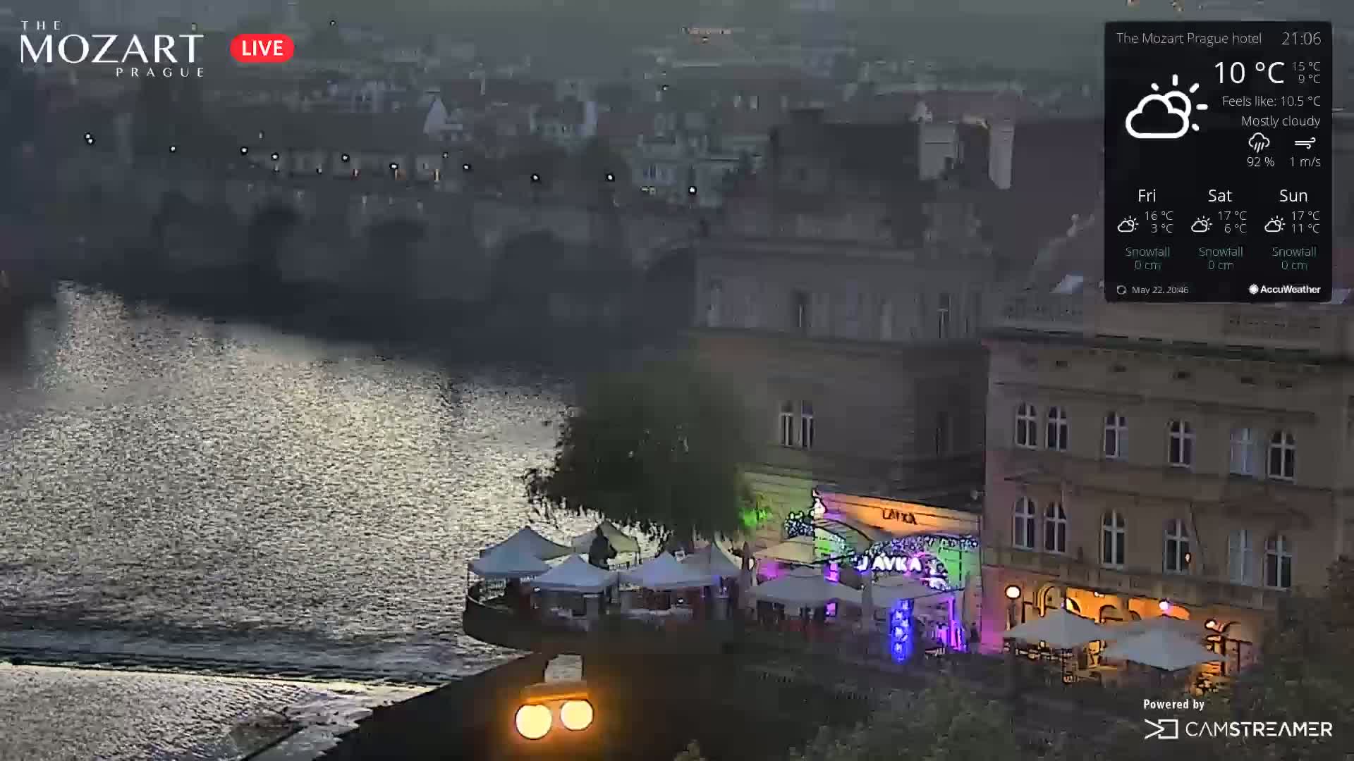 A mostly cloudy evening scene shows a river reflecting light, a bridge in the distance, and a waterfront area with outdoor seating and market-style tents.