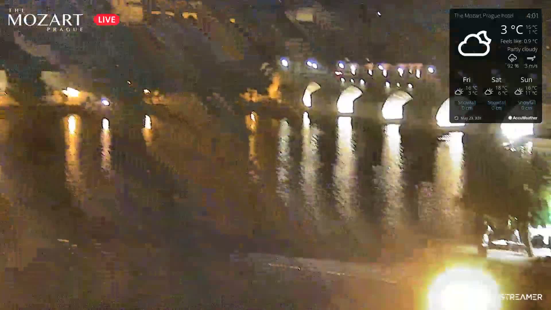 A nighttime view of a stone bridge with arched openings over a dark body of water under partly cloudy skies.