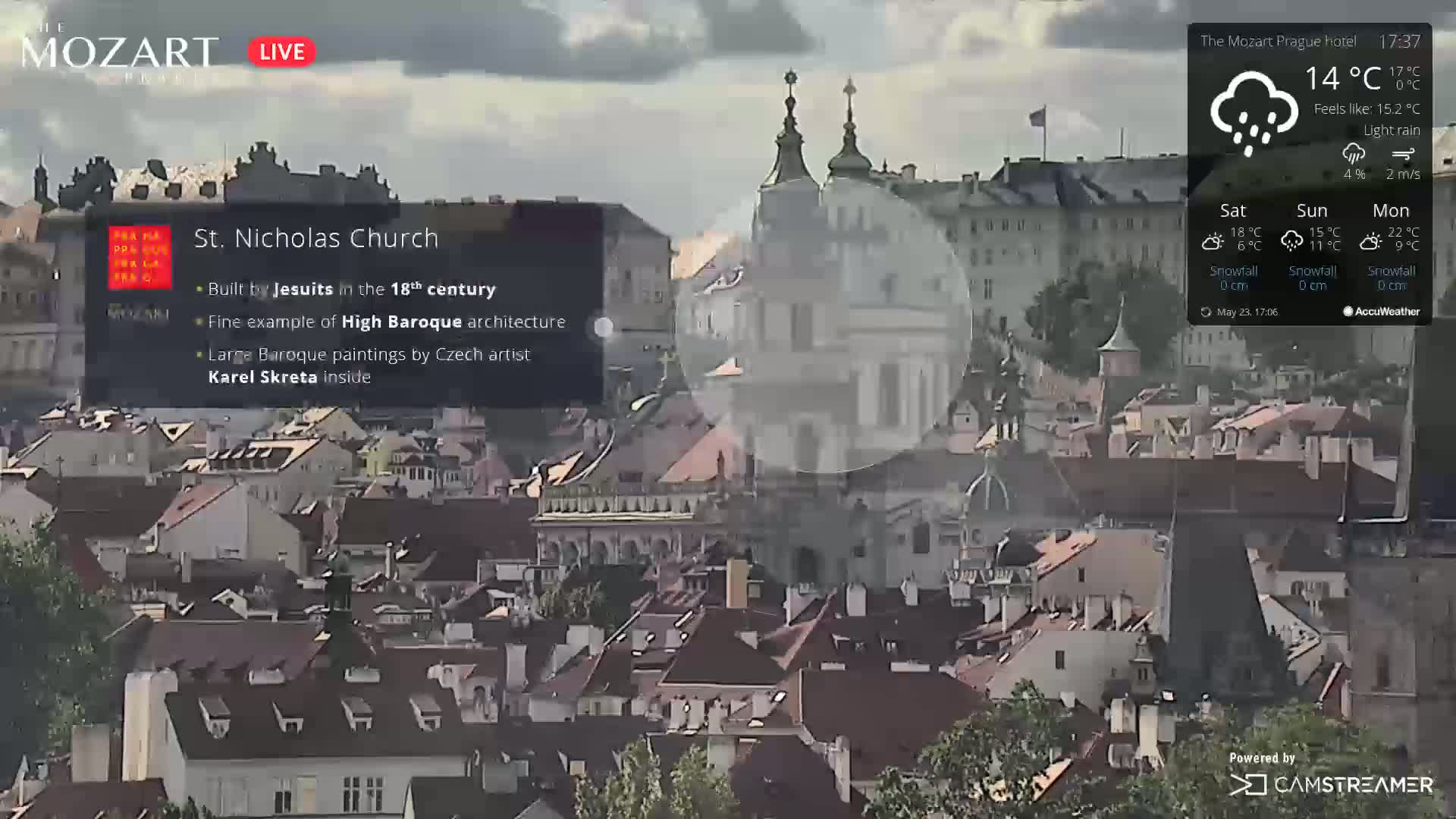 A high-angle, long shot of a cityscape under light rain shows St. Nicholas Church, prominently featured, among numerous other buildings with red-tiled roofs.