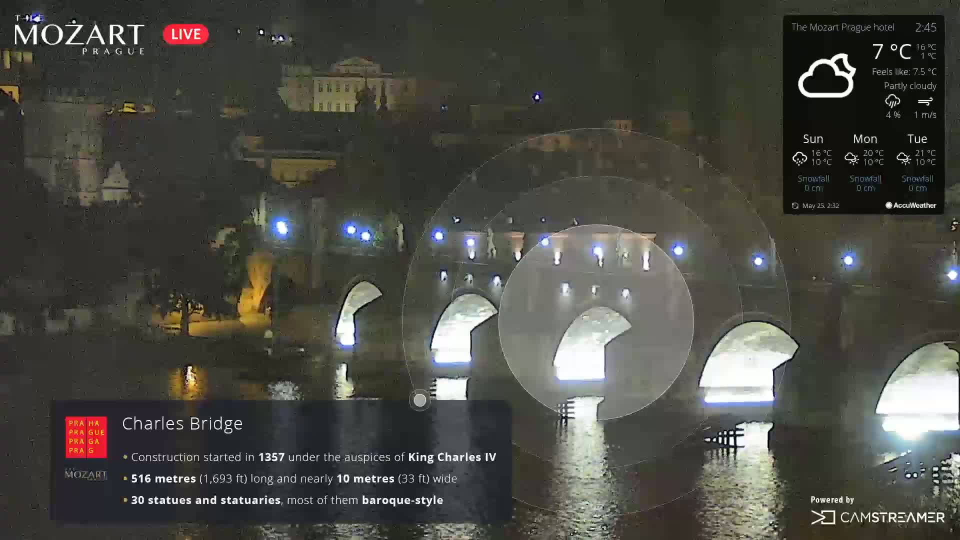 A nighttime, partly cloudy view of Charles Bridge illuminated over dark water.