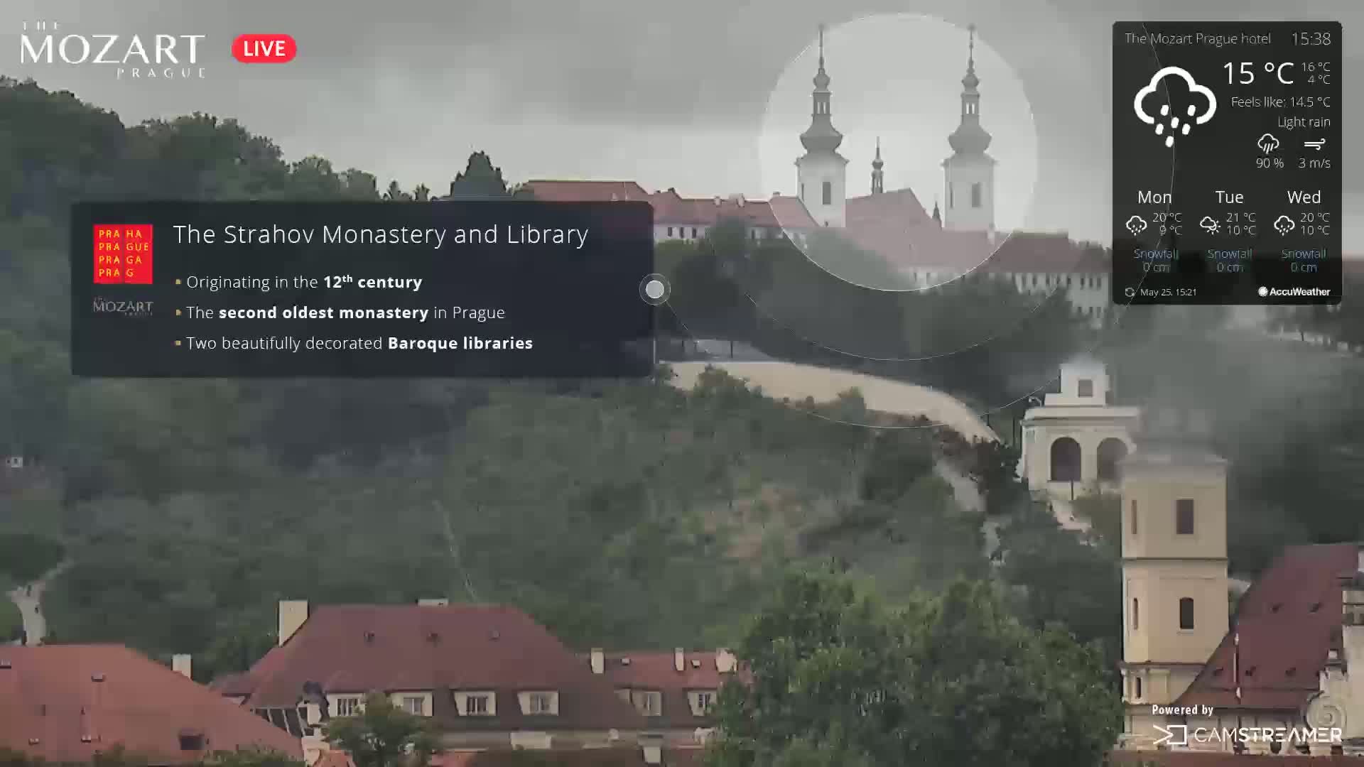 A long shot of the Strahov Monastery and Library in Prague during a light rain, showing the buildings and surrounding landscape on an overcast day.