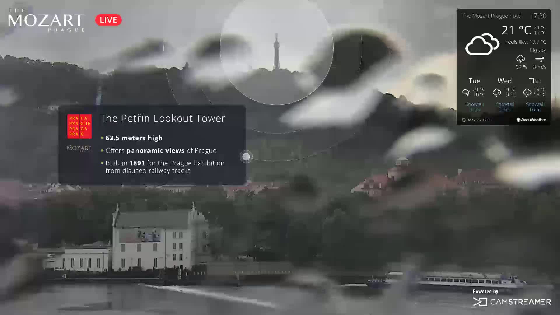 A cloudy view of Prague, showing a river with boats, buildings, and the Petřín Lookout Tower in the distance.