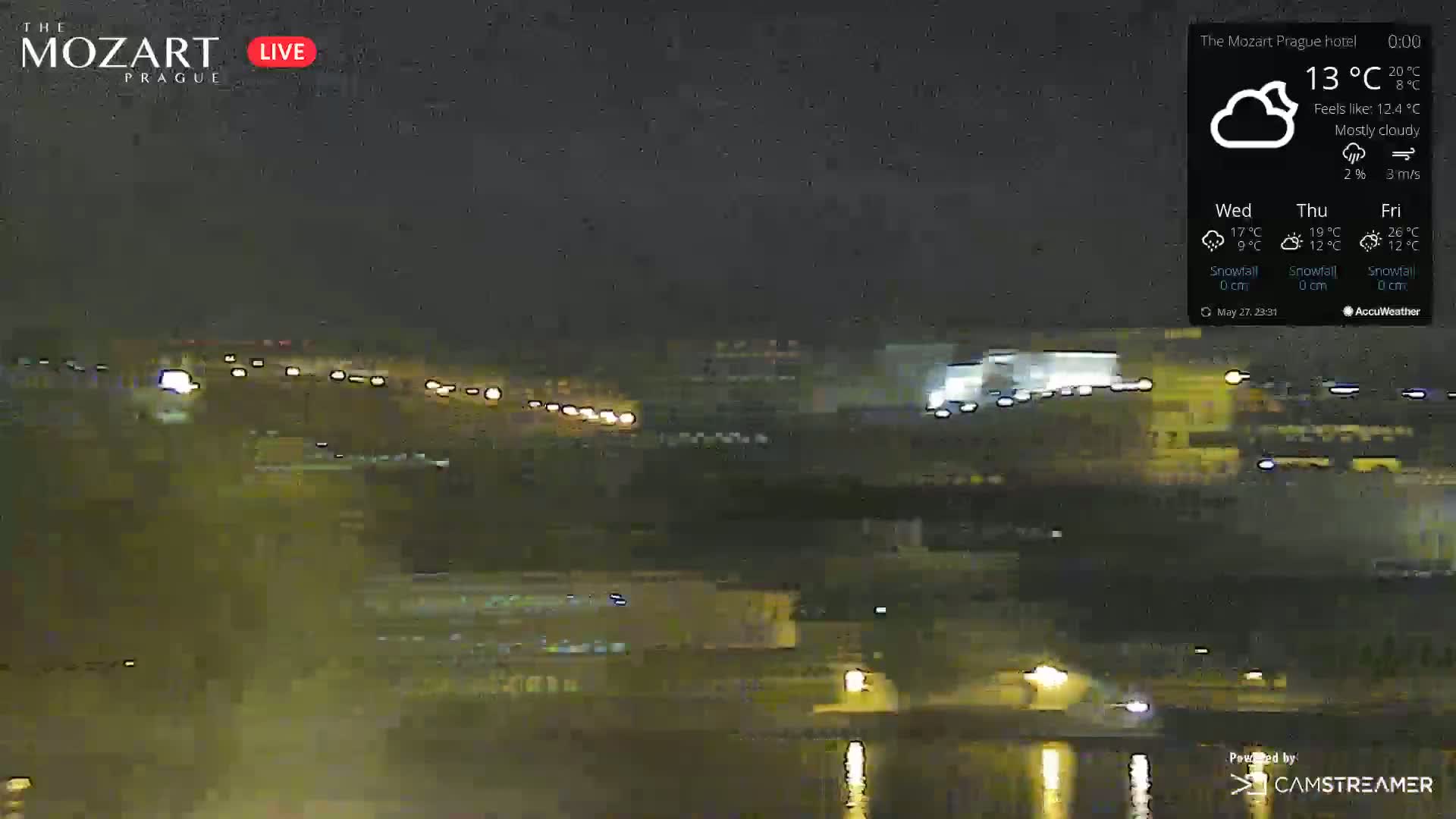 A nighttime view of a mostly cloudy city scene showing a body of water reflecting lights from the road and buildings.
