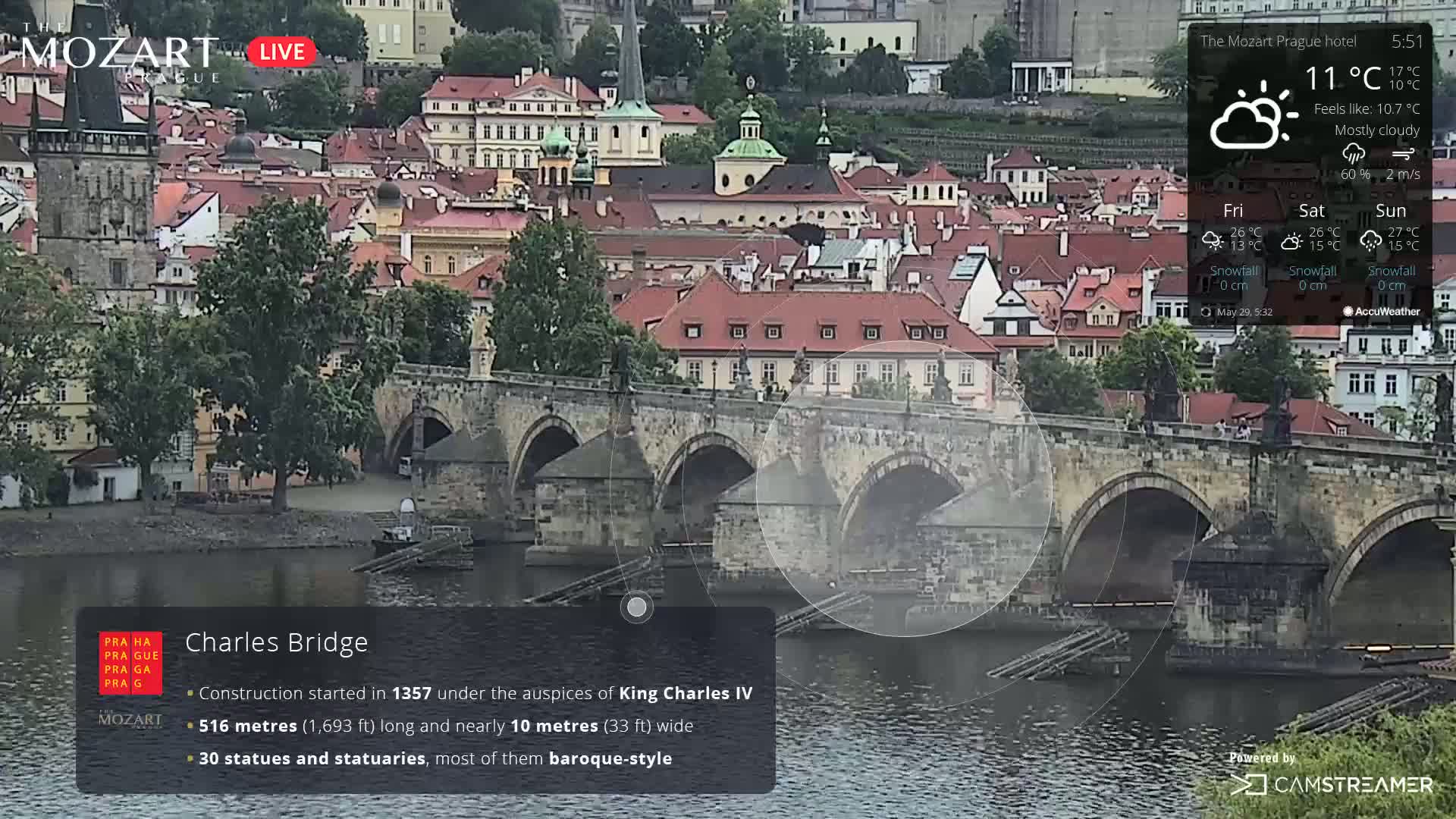 A stone bridge with many arches spans a river, overlooking a city of red-roofed buildings under mostly cloudy skies.