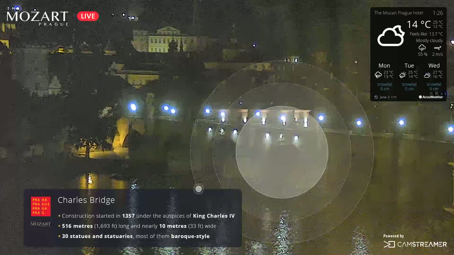 A nighttime view of Charles Bridge in mostly cloudy weather, illuminated by lights along the bridge and surrounding buildings.
