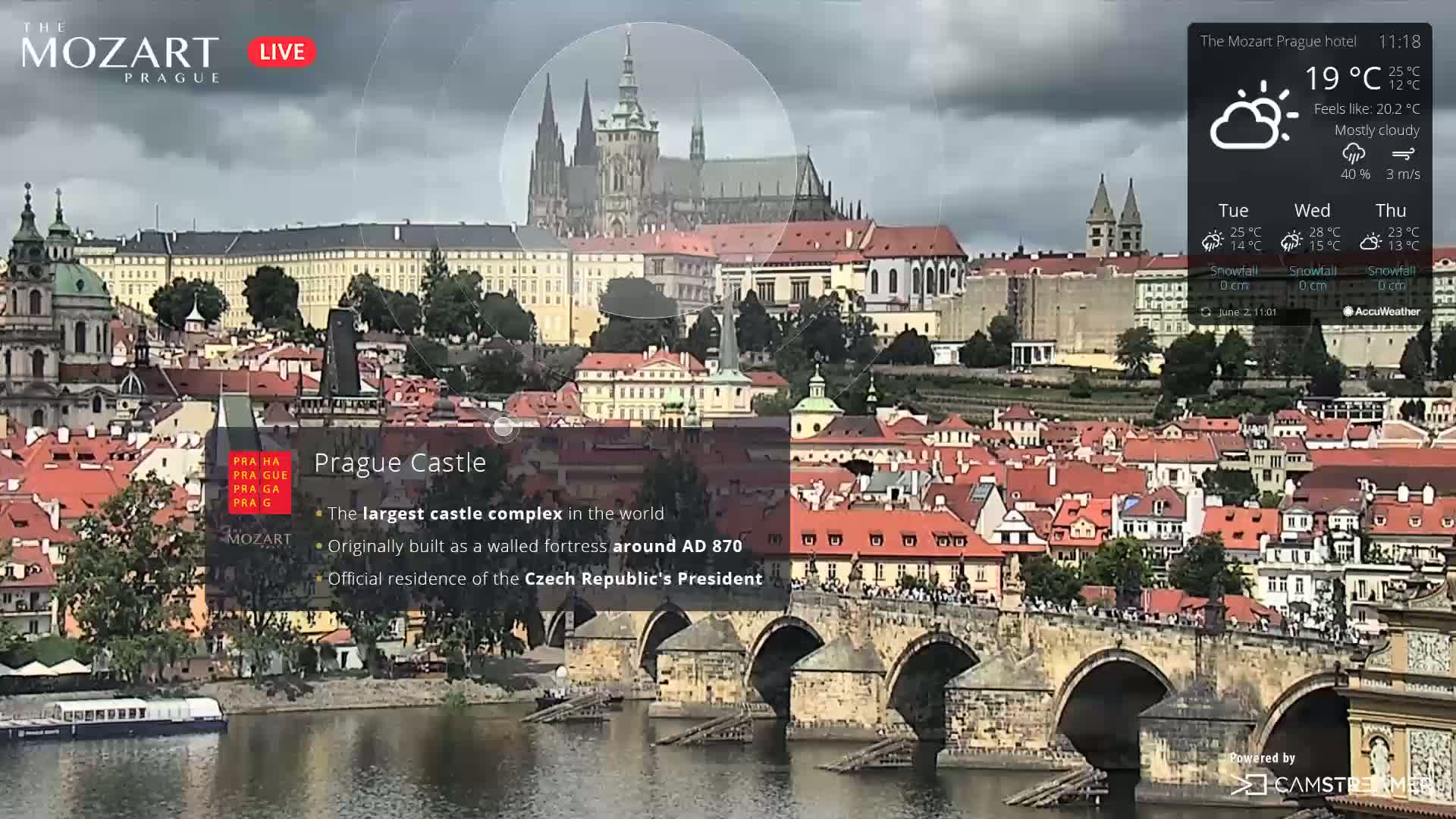 A mostly cloudy view of Prague Castle, situated on a hill overlooking a river and bridge, under a mostly cloudy sky.