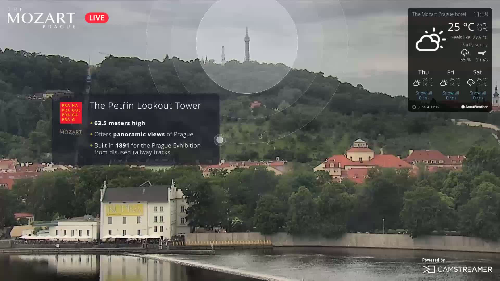 A partly sunny view of Prague, showing a river, buildings, and the Petřín Lookout Tower on a hill in the background.