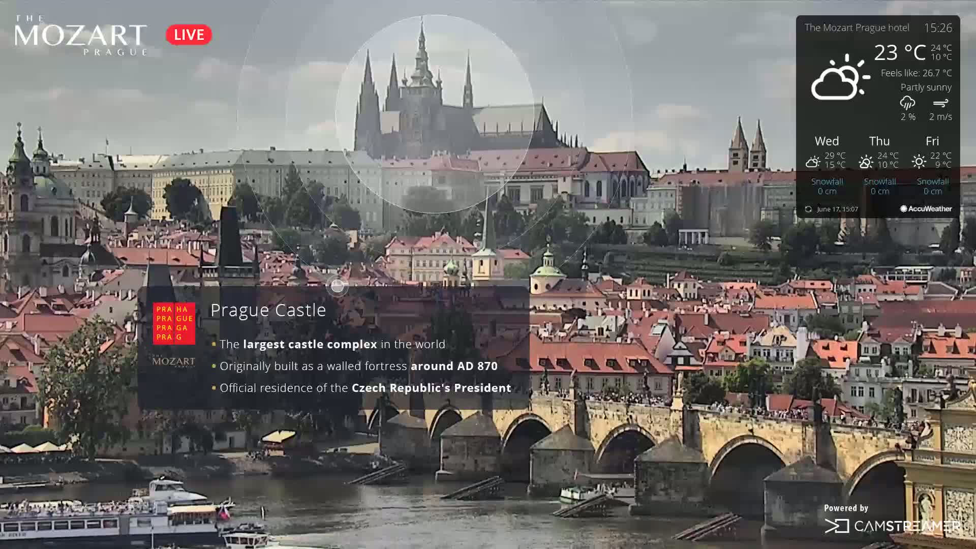 A partly sunny view of Prague Castle, situated on a hill overlooking a river and bridge with many buildings, under a partly sunny sky.