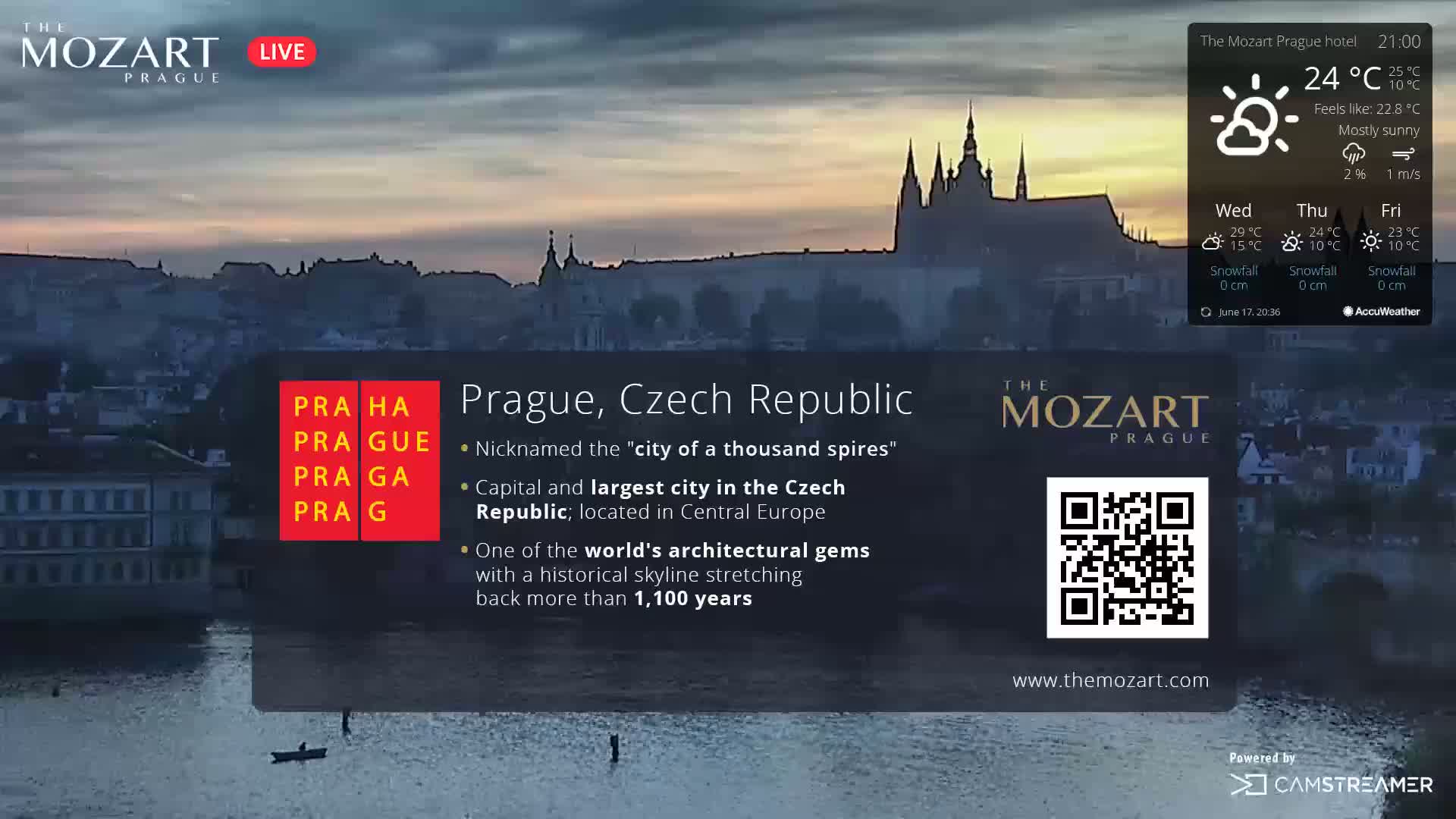 A mostly sunny evening view of Prague's skyline over water, showing a cityscape with many spires.