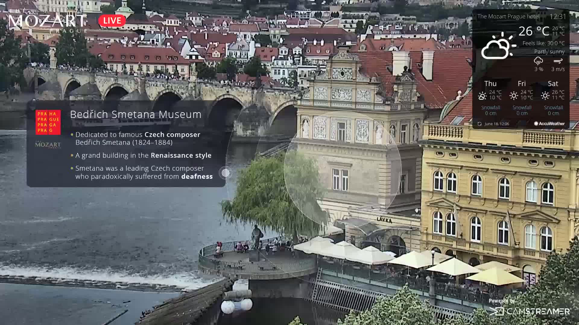 A partly sunny view of a Renaissance-style building on a river, with a bridge and other buildings in the background.