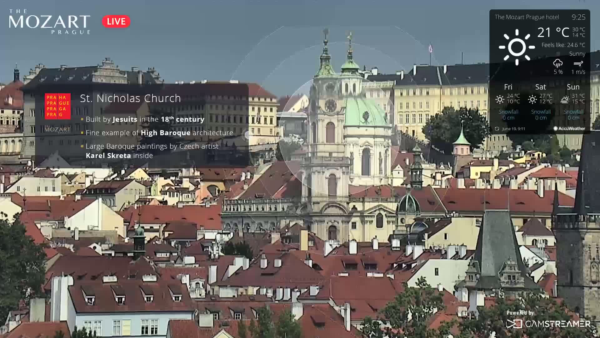 A sunny cityscape view shows St. Nicholas Church, a prominent High Baroque structure, among numerous red-roofed buildings.