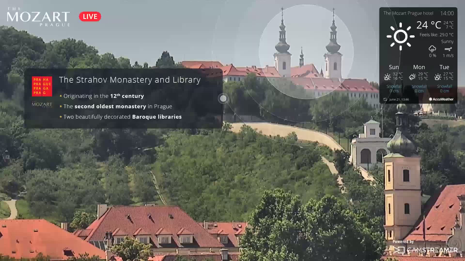 A sunny day shows a view of the Strahov Monastery and Library in Prague, with surrounding green hills and red-roofed buildings.