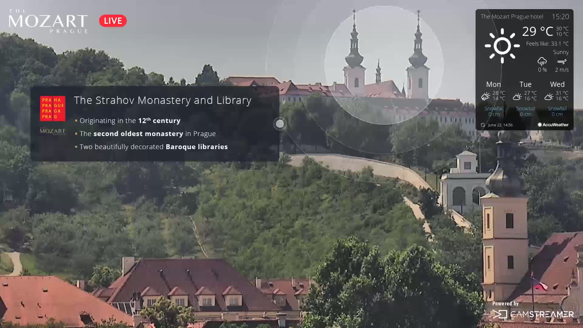 A sunny view overlooking a monastery and library complex situated on a hilltop, surrounded by lush green trees.