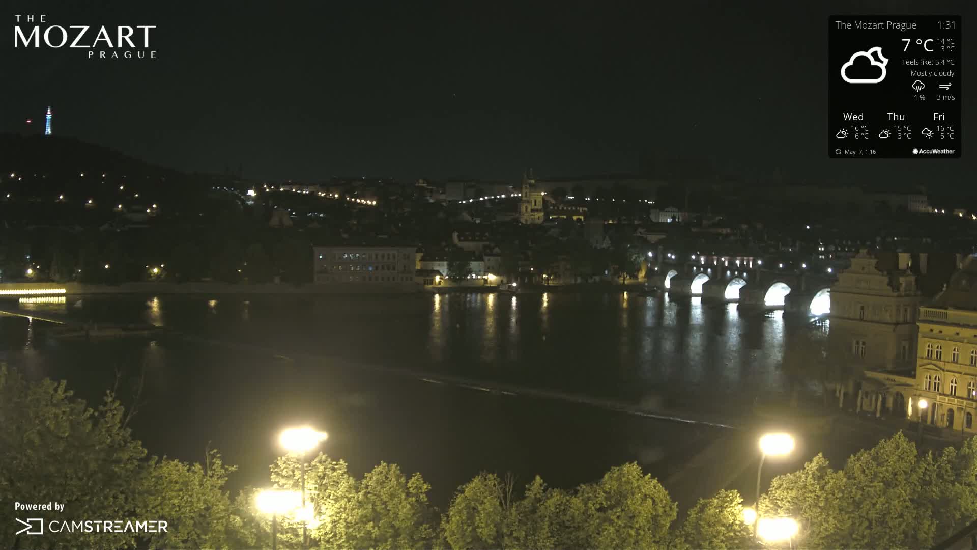 A nighttime view of a city illuminated by streetlights, showcasing a bridge spanning a river under a mostly cloudy sky.