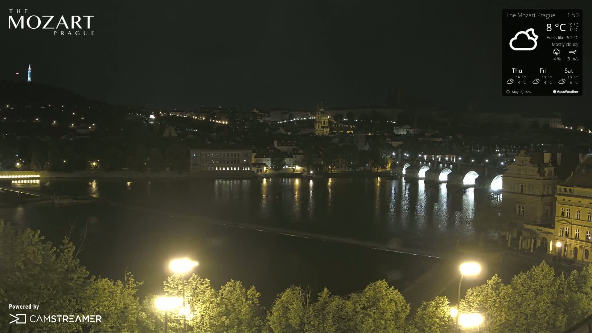 A nighttime view of a city across a river, with a bridge illuminated, under mostly cloudy skies.