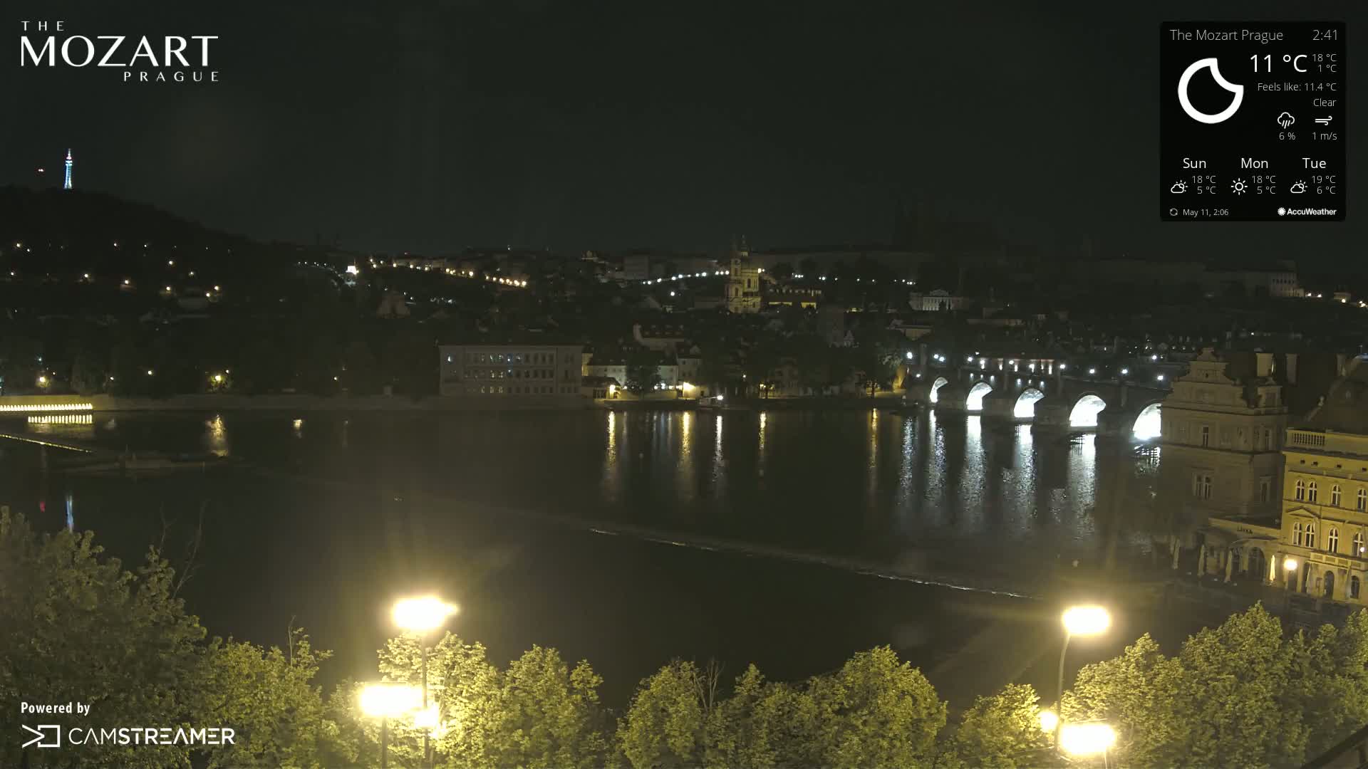 A nighttime view of a city across a river, with a bridge illuminated, under clear skies.