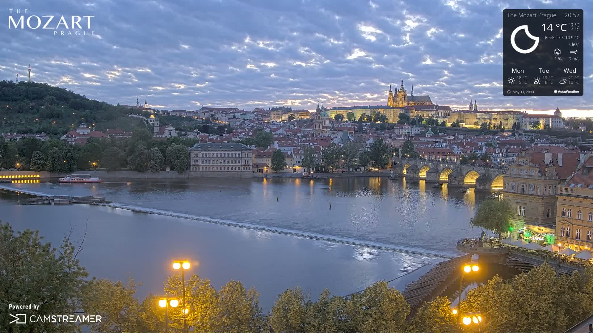 A twilight view of Prague, showcasing a river flowing past a stone bridge and a cityscape illuminated by lights under a partly cloudy sky.