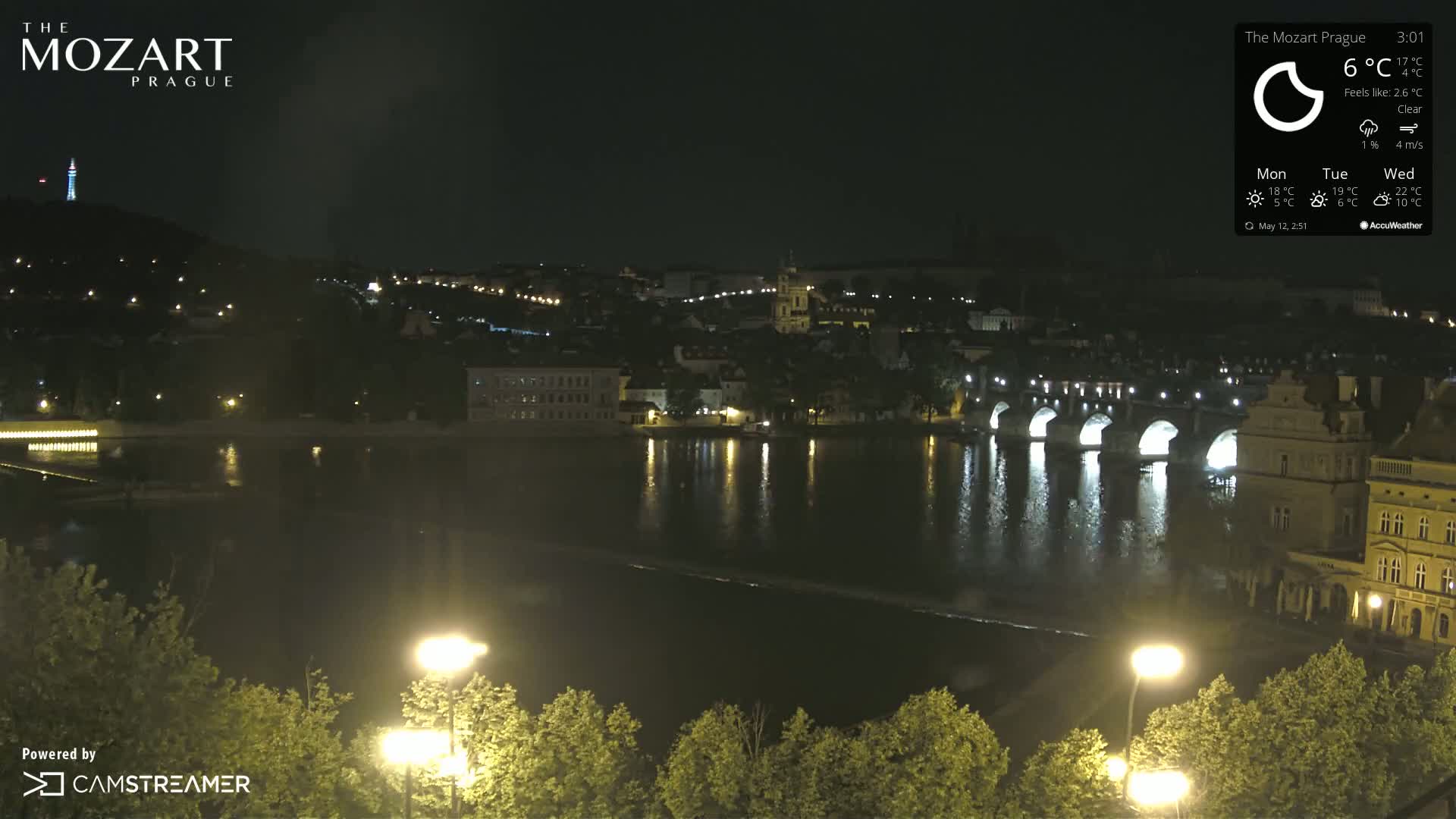 A nighttime view of a city across a calm river, featuring a bridge illuminated with lights under a clear sky.