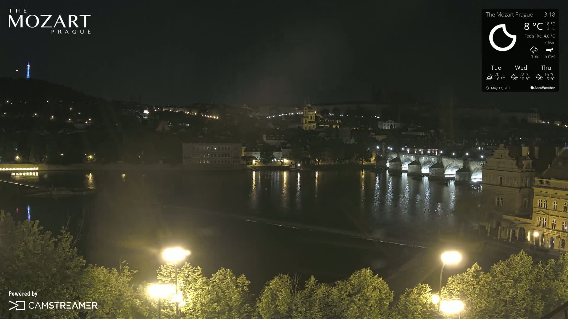 A nighttime view of a city across a calm river, featuring a lit-up bridge, under a clear sky.