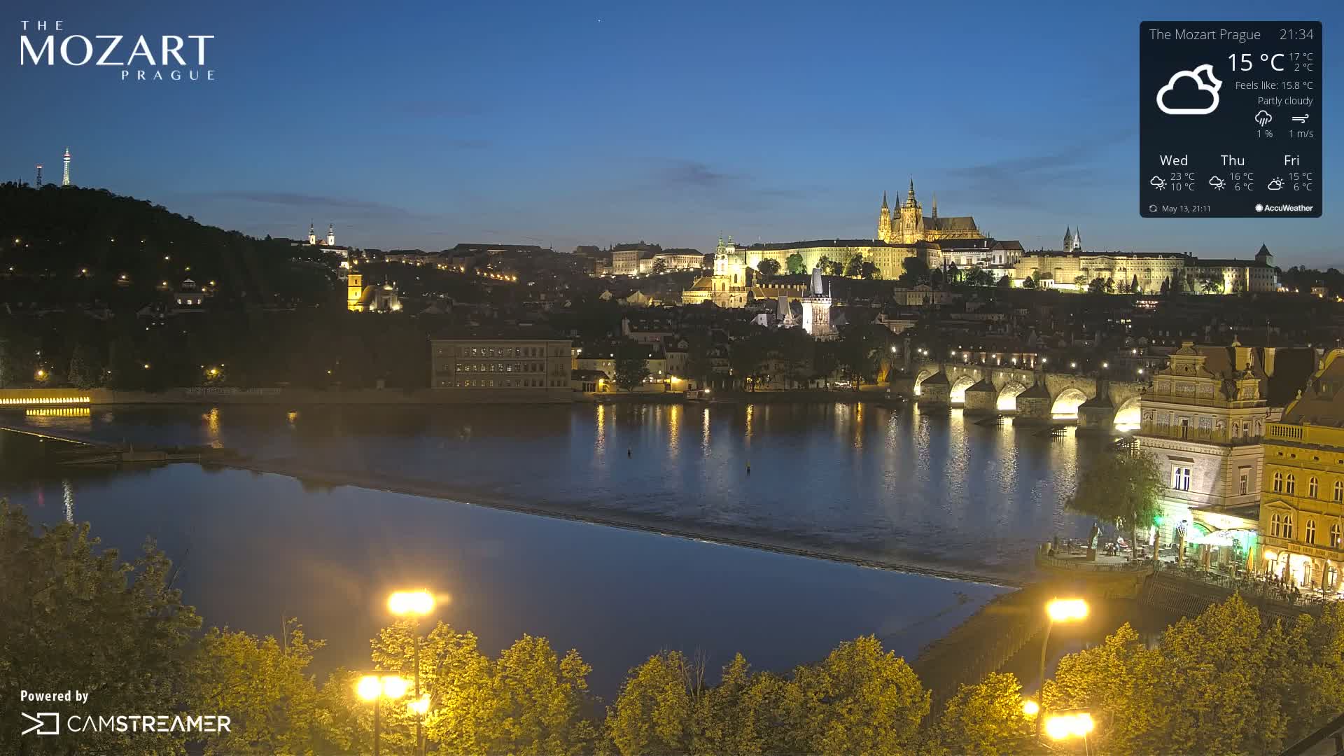 A nighttime view of Prague, under partly cloudy skies, shows a river reflecting the lights of buildings and a bridge.