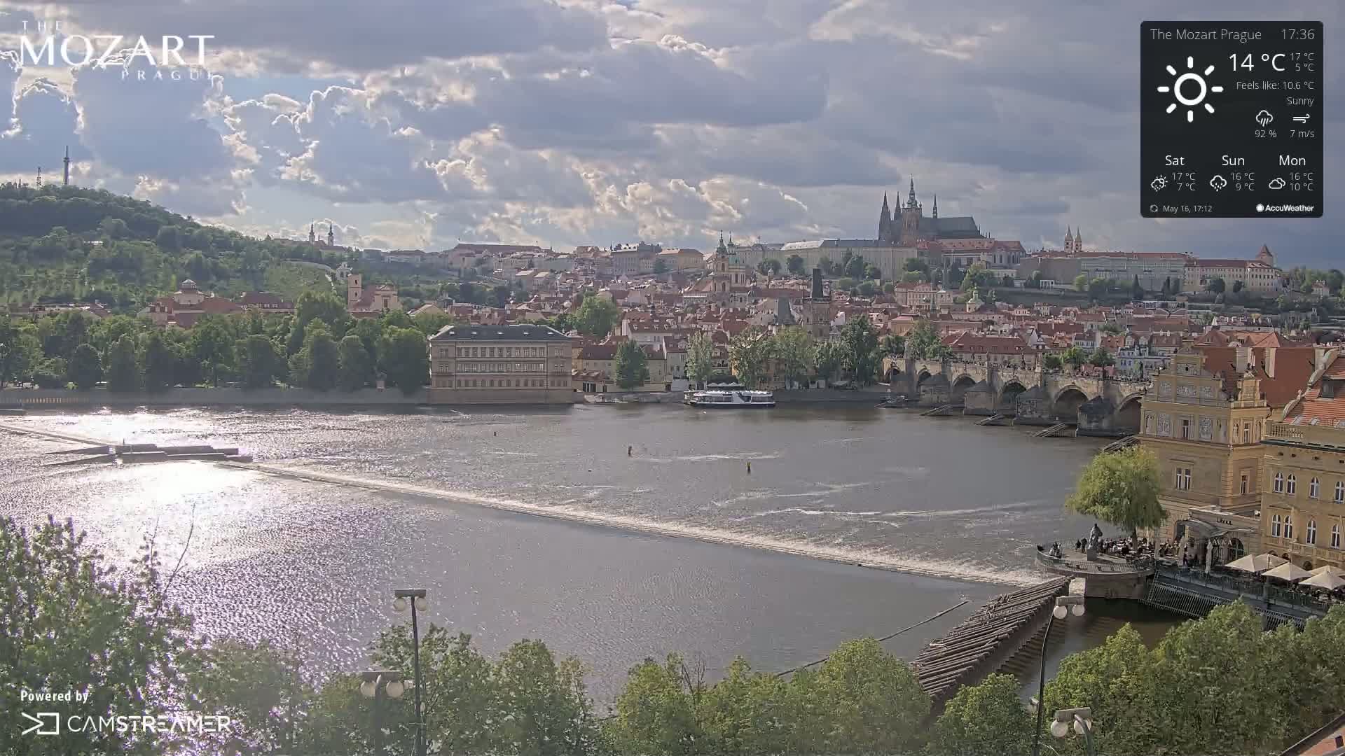 A sunny day reveals a cityscape with a river flowing through it, featuring a bridge and a large building in the background.