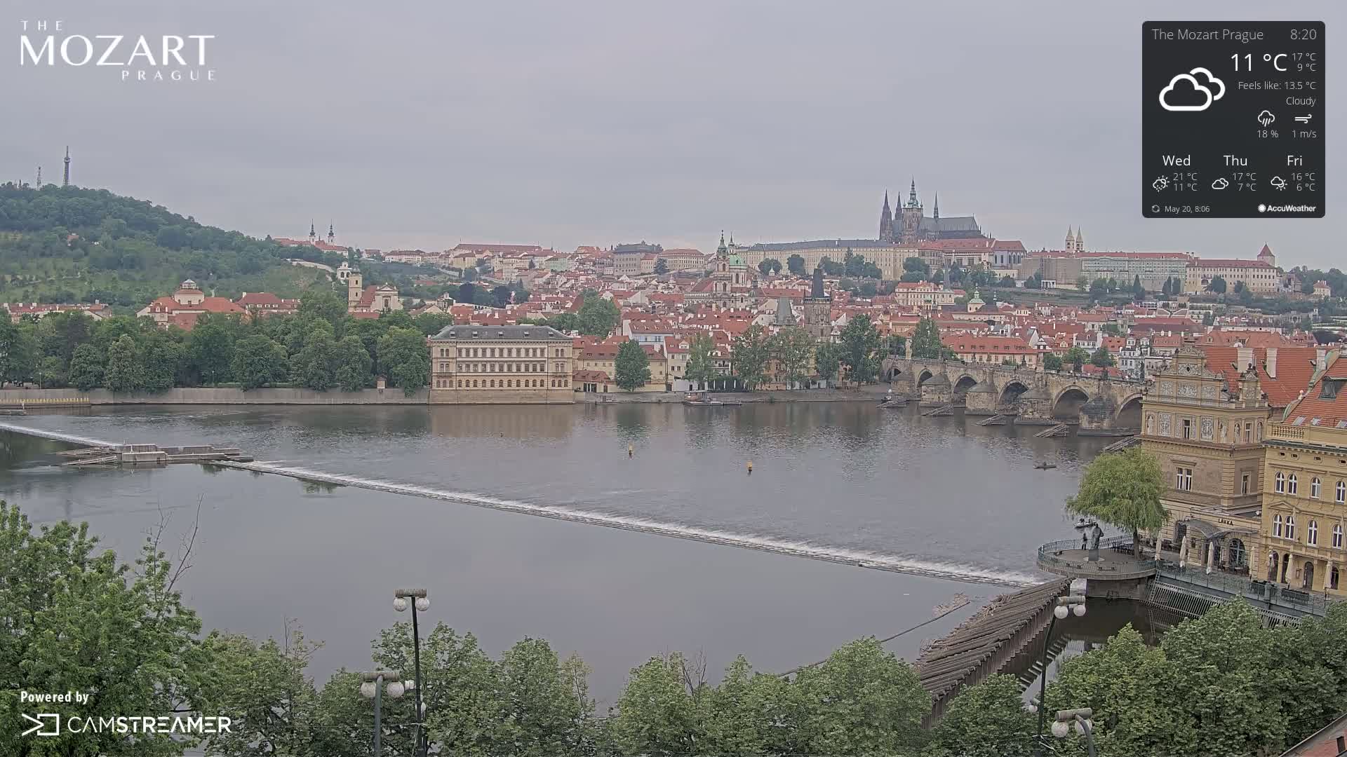 A cloudy day reveals a view of Prague's cityscape, featuring a river, bridge, and numerous buildings, with lush green foliage surrounding the water.