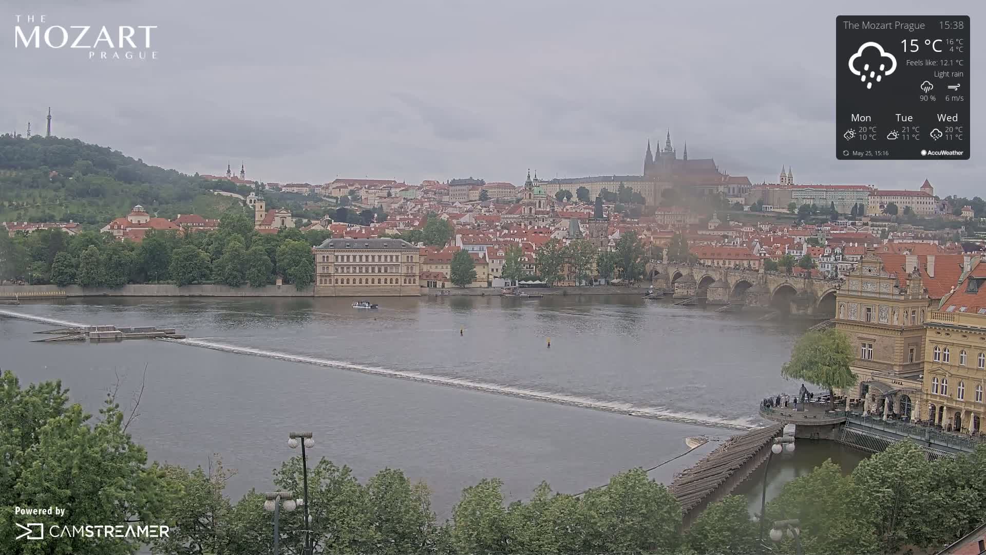 A long shot of Prague, Czech Republic on an overcast day with light rain shows a river flowing through the city, with bridges and buildings visible on both sides.