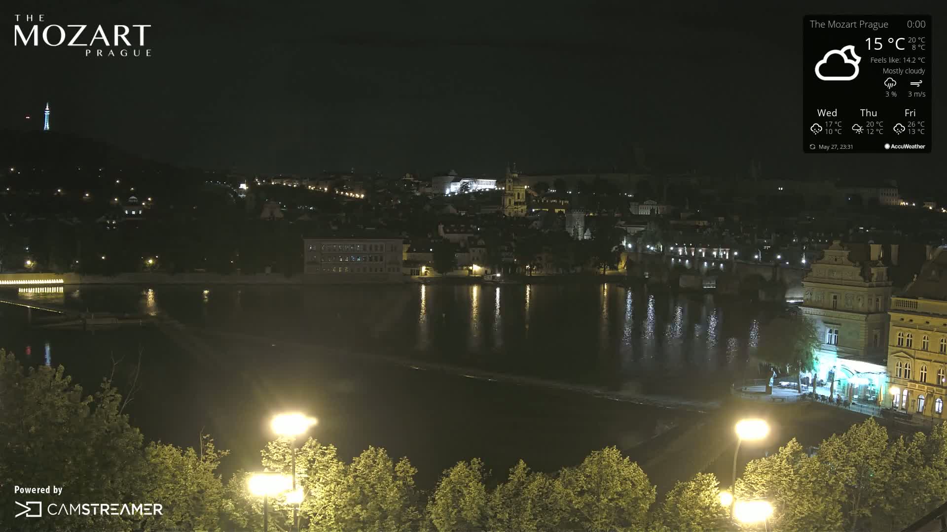 A nighttime view of a city beside a dark river, illuminated by lights, under mostly cloudy skies.