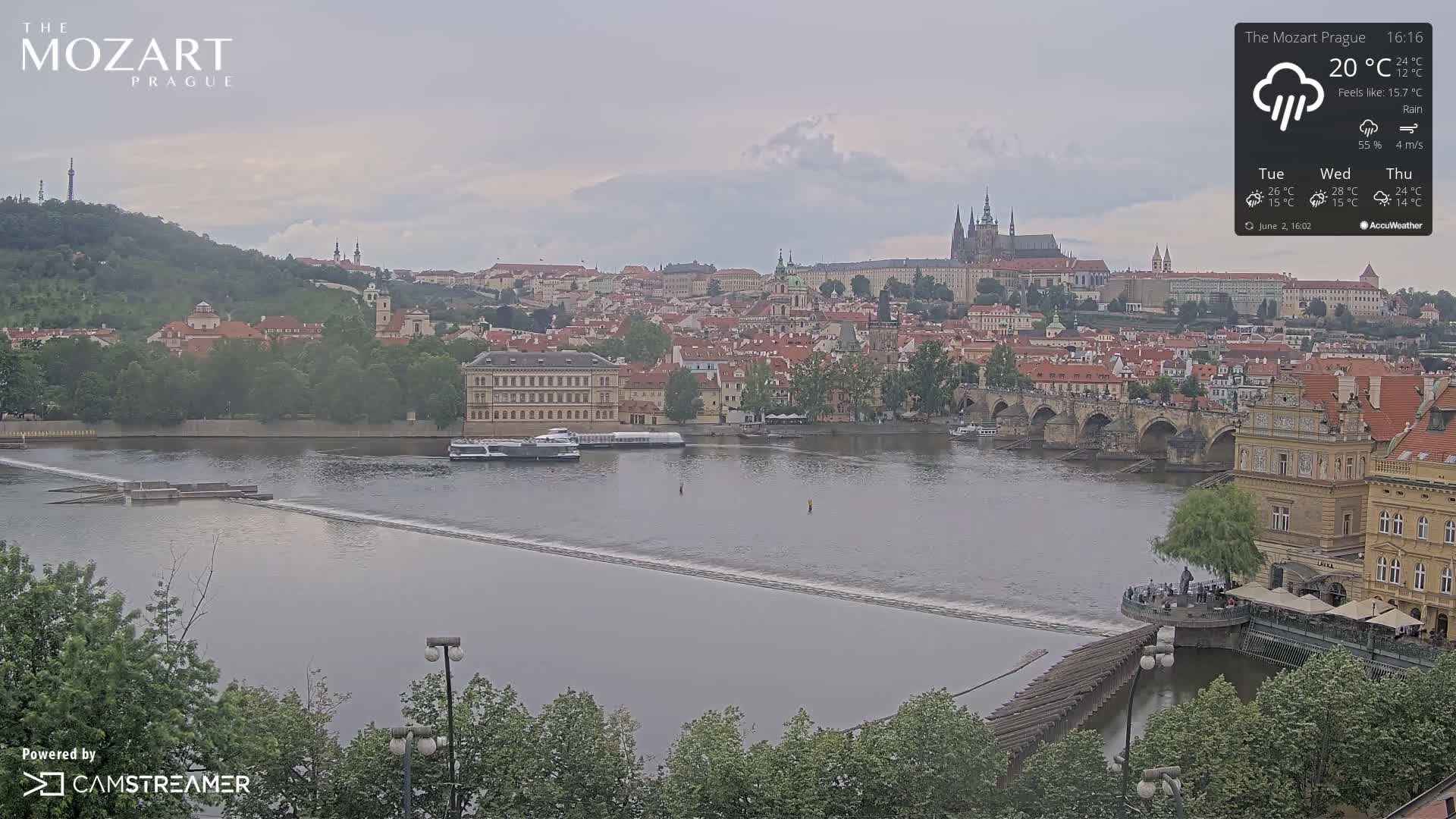 A view of Prague's cityscape across a river, showing a bridge, buildings, and overcast skies with light rain.