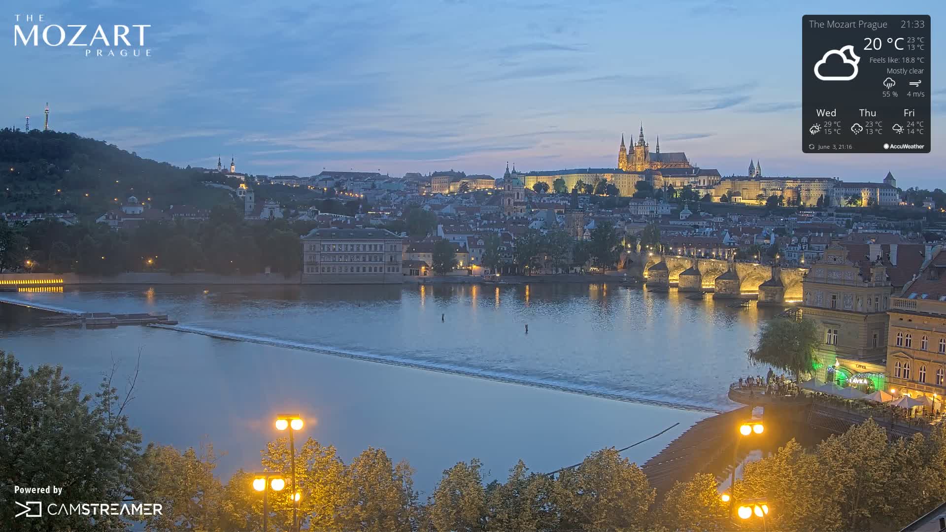A nighttime view of Prague, under mostly clear skies, shows a river flowing past a bridge and city buildings illuminated with lights.