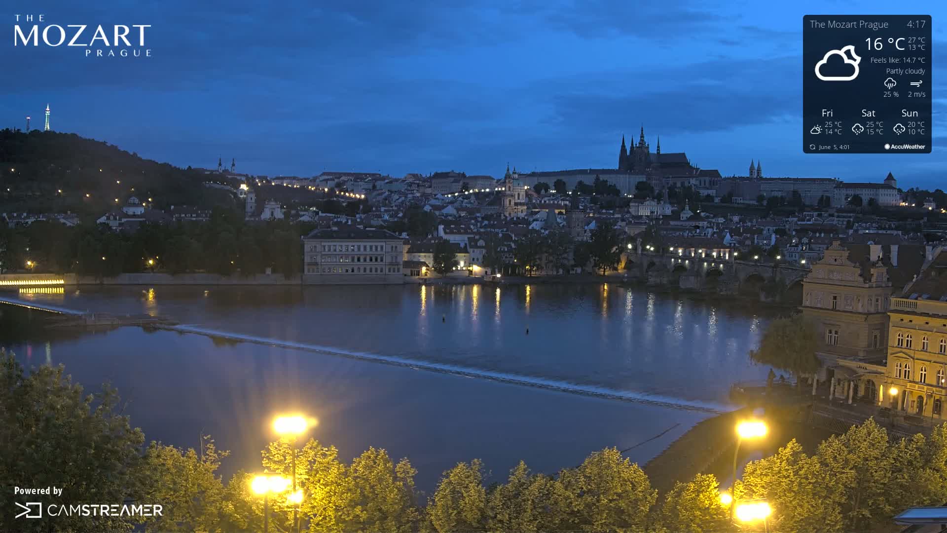 A nighttime view of a city across a river, under a partly cloudy sky.