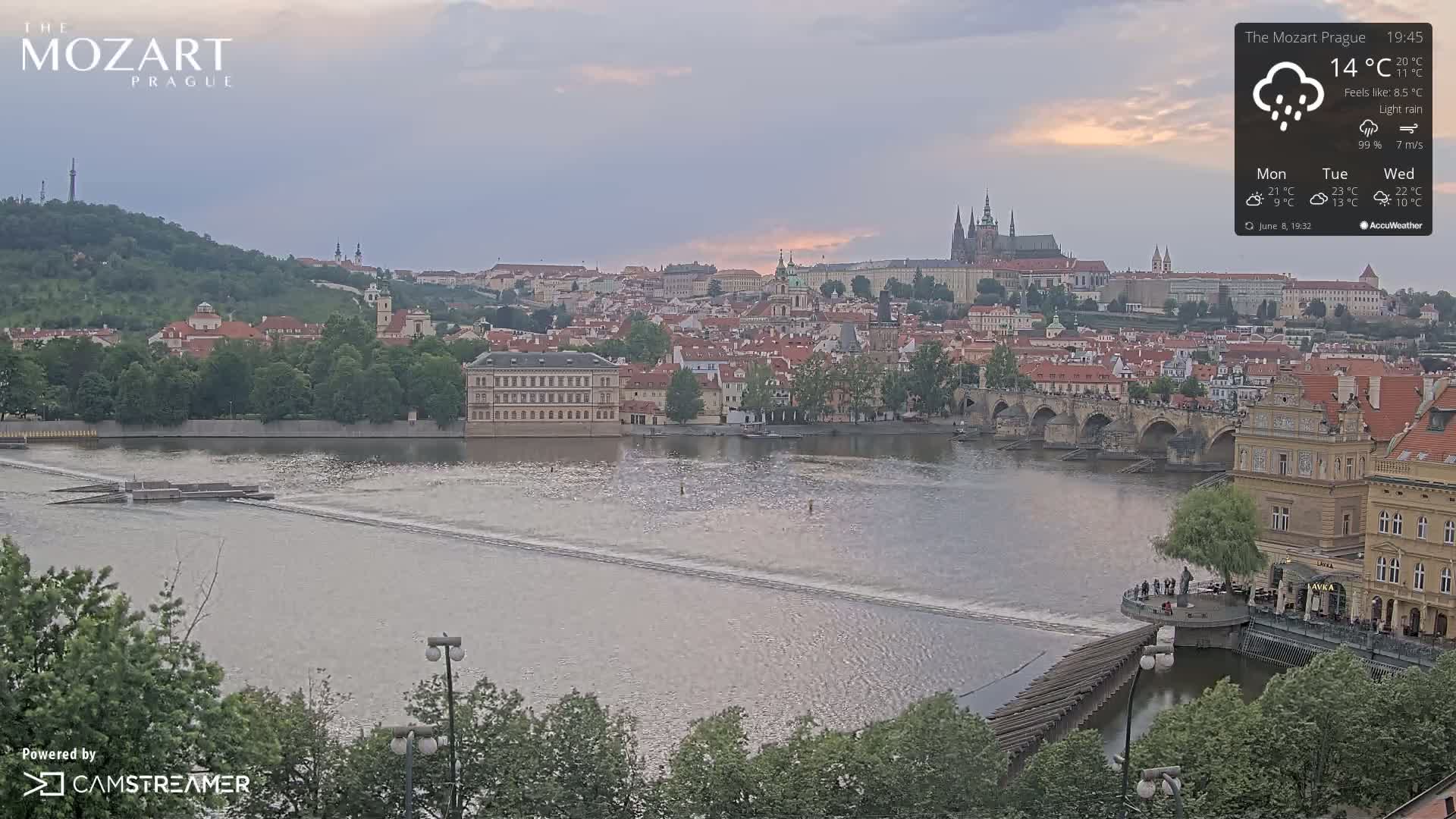 A long shot of Prague, Czech Republic, shows a river flowing past a bridge and cityscape under a cloudy, light rain sky at dusk.