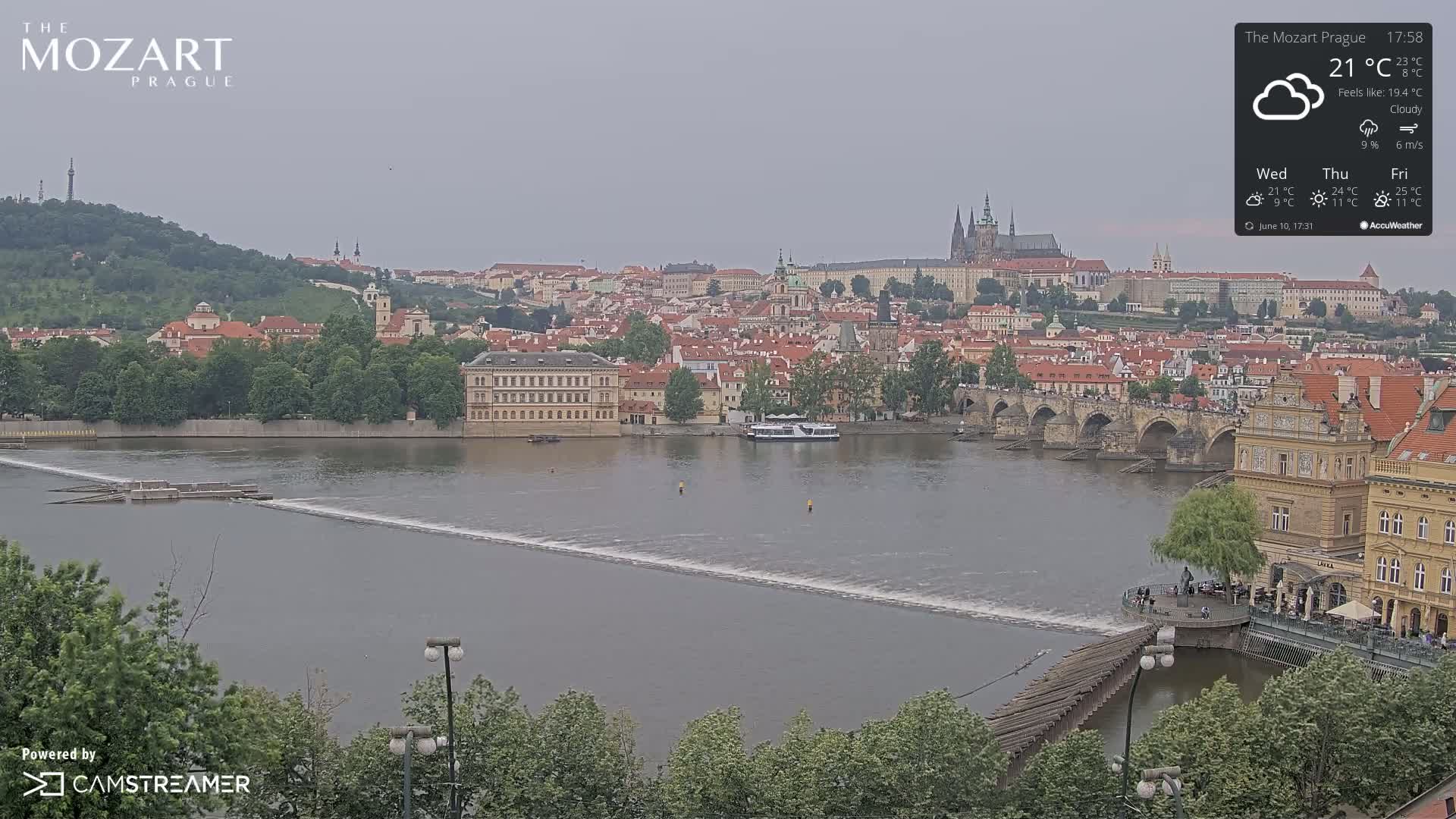 A cloudy view of Prague, showing a river flowing past a bridge and numerous buildings, with a dam visible in the foreground.