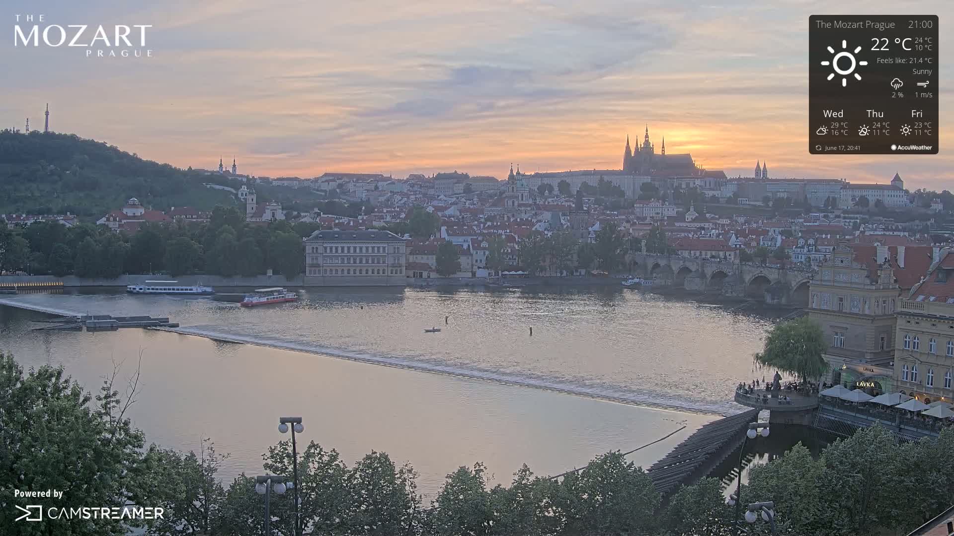 A sunset view over Prague, showing a river with boats and a city skyline under a sunny sky.