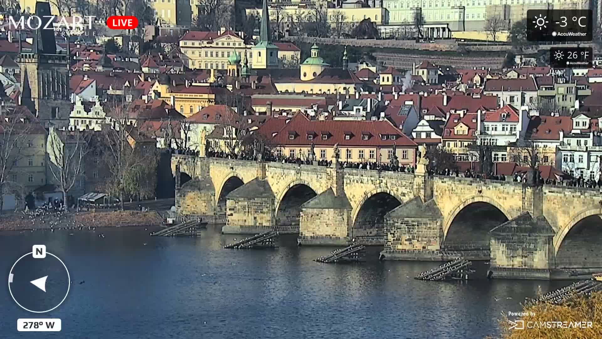 A grand, multi-arched stone bridge bustling with pedestrians spans a river, flanked by a dense cityscape of buildings with red roofs and prominent church spires, all bathed in the clear light of a cool, sunny day.