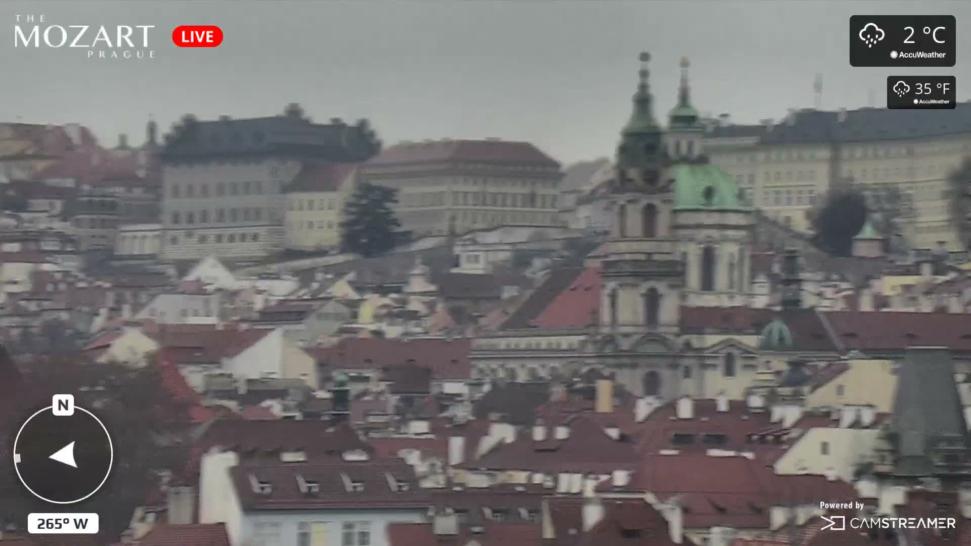 A sprawling cityscape featuring numerous red-tiled roofs and various historical buildings, including prominent structures with green domes and spires, is visible under an overcast, cold sky.