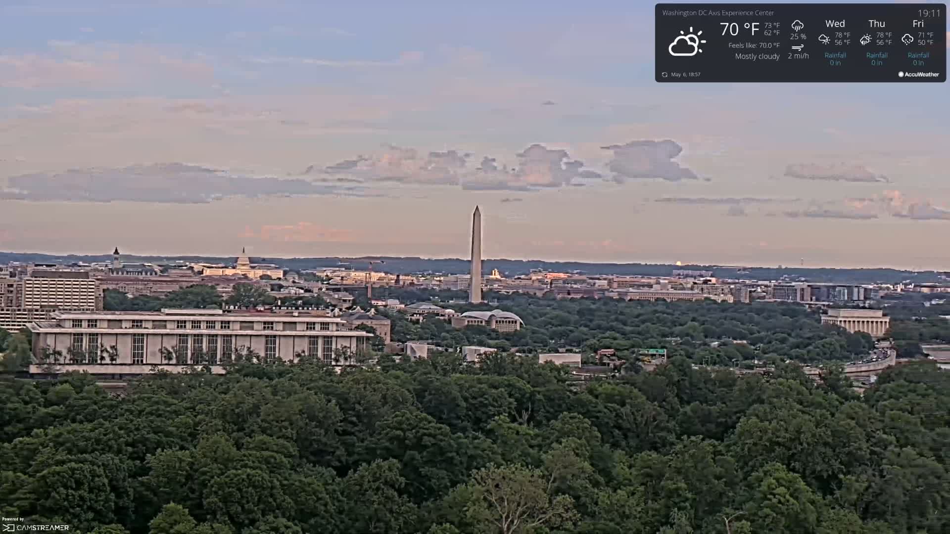 A mostly cloudy, twilight view of the Washington, D.C. skyline, including the Washington Monument, from across a wooded area.
