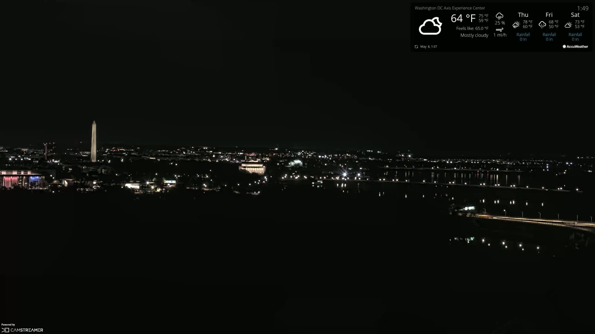 A nighttime view of a city skyline featuring a tall monument, with mostly cloudy skies and a temperature of 64°F.