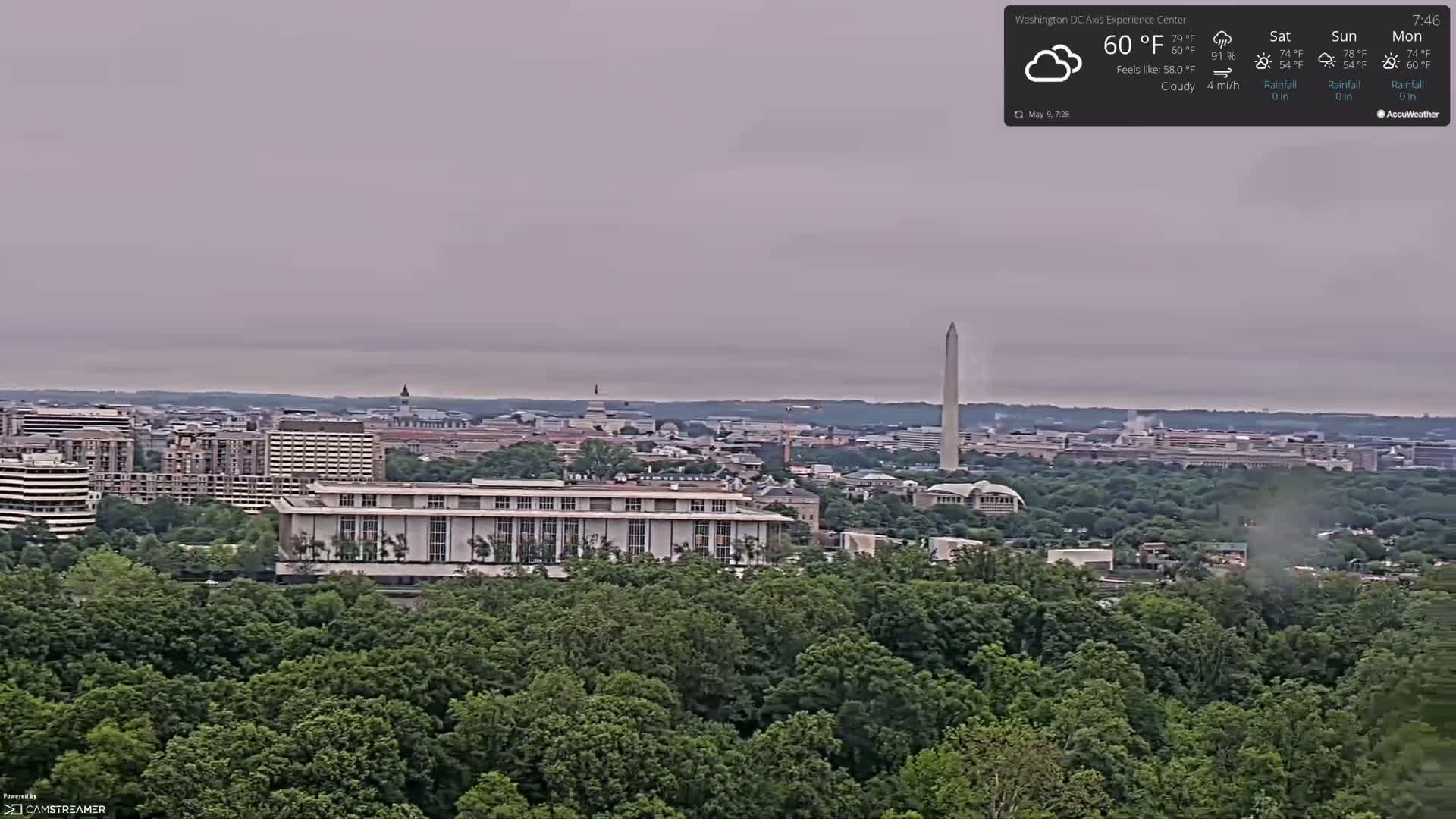 A cloudy, hazy view of Washington, D.C., shows a cityscape with the Washington Monument in the distance, seen from a vantage point overlooking a lush, green forest.