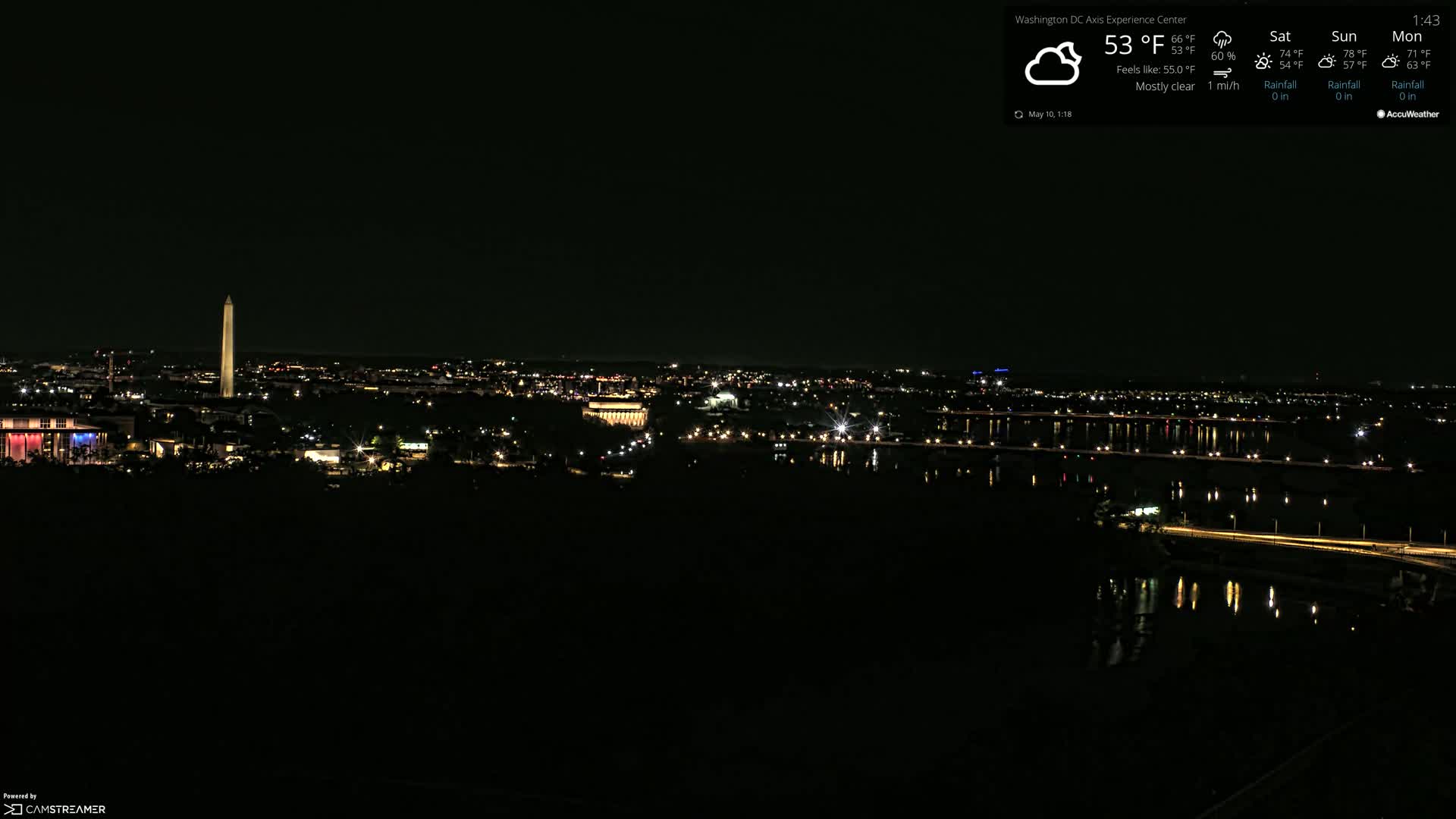 A nighttime view of a city skyline, featuring a tall monument and a body of water reflecting city lights under mostly clear skies.