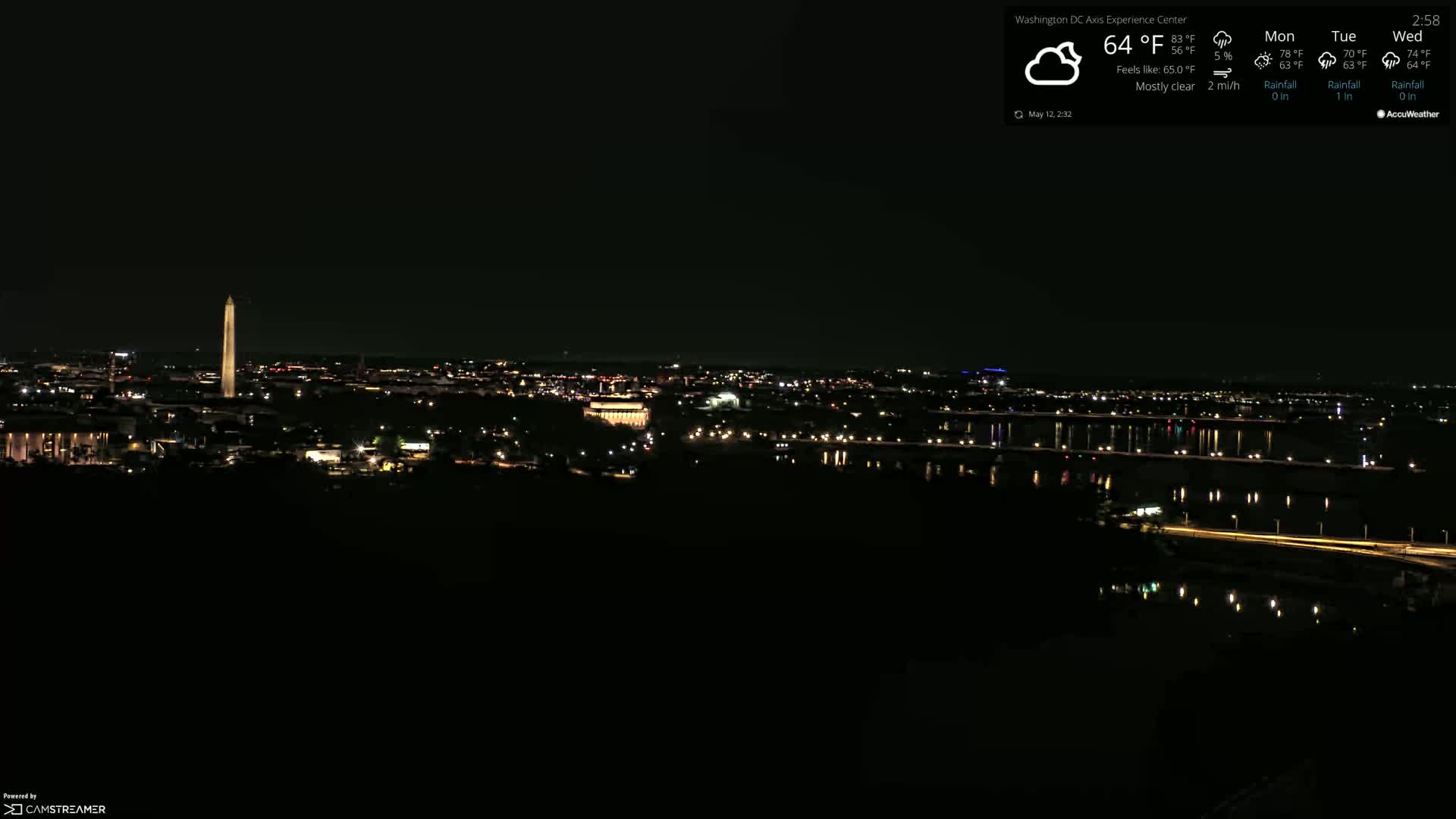 A nighttime view of a city skyline with the Washington Monument visible, under mostly clear skies.