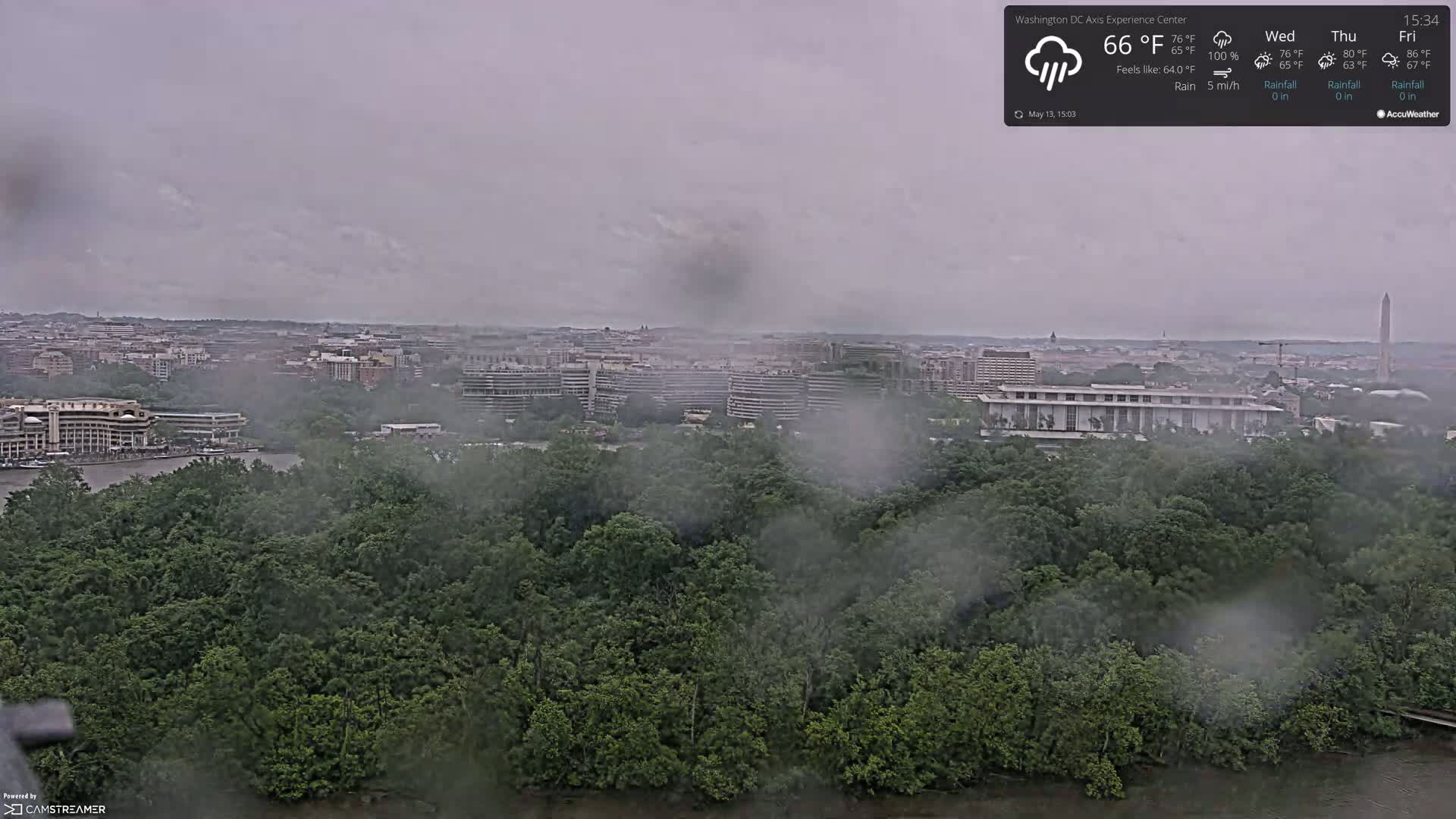 A rain-soaked view of a city skyline partially obscured by mist and fog over a lush green forest.
