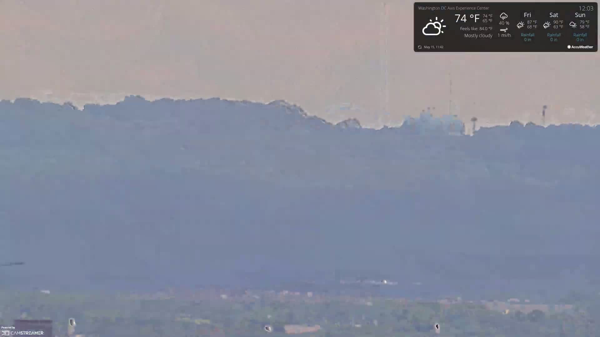 A hazy, mostly cloudy view shows distant, low-lying hills and a cityscape under a light-grey sky.