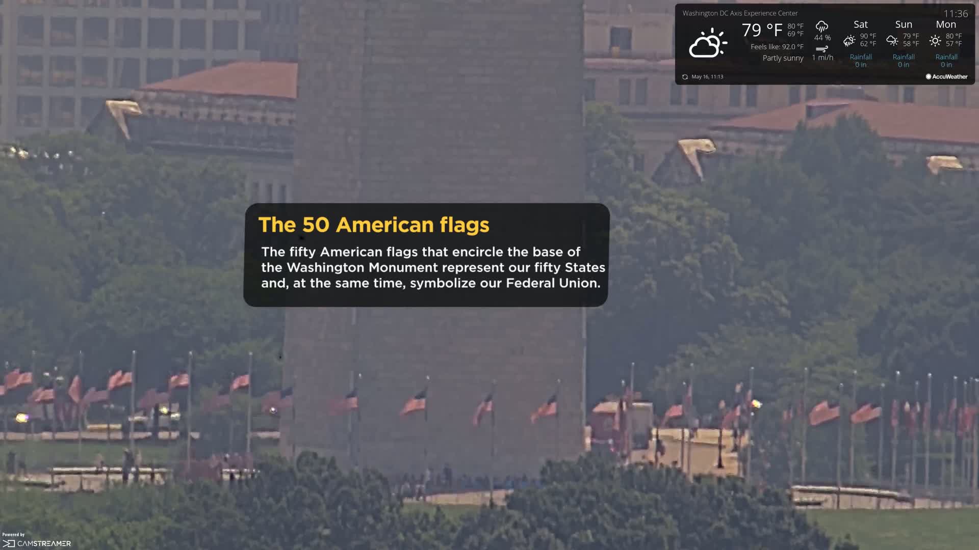 A long-range, slightly hazy view shows numerous American flags encircling the base of the Washington Monument on a partly sunny day.