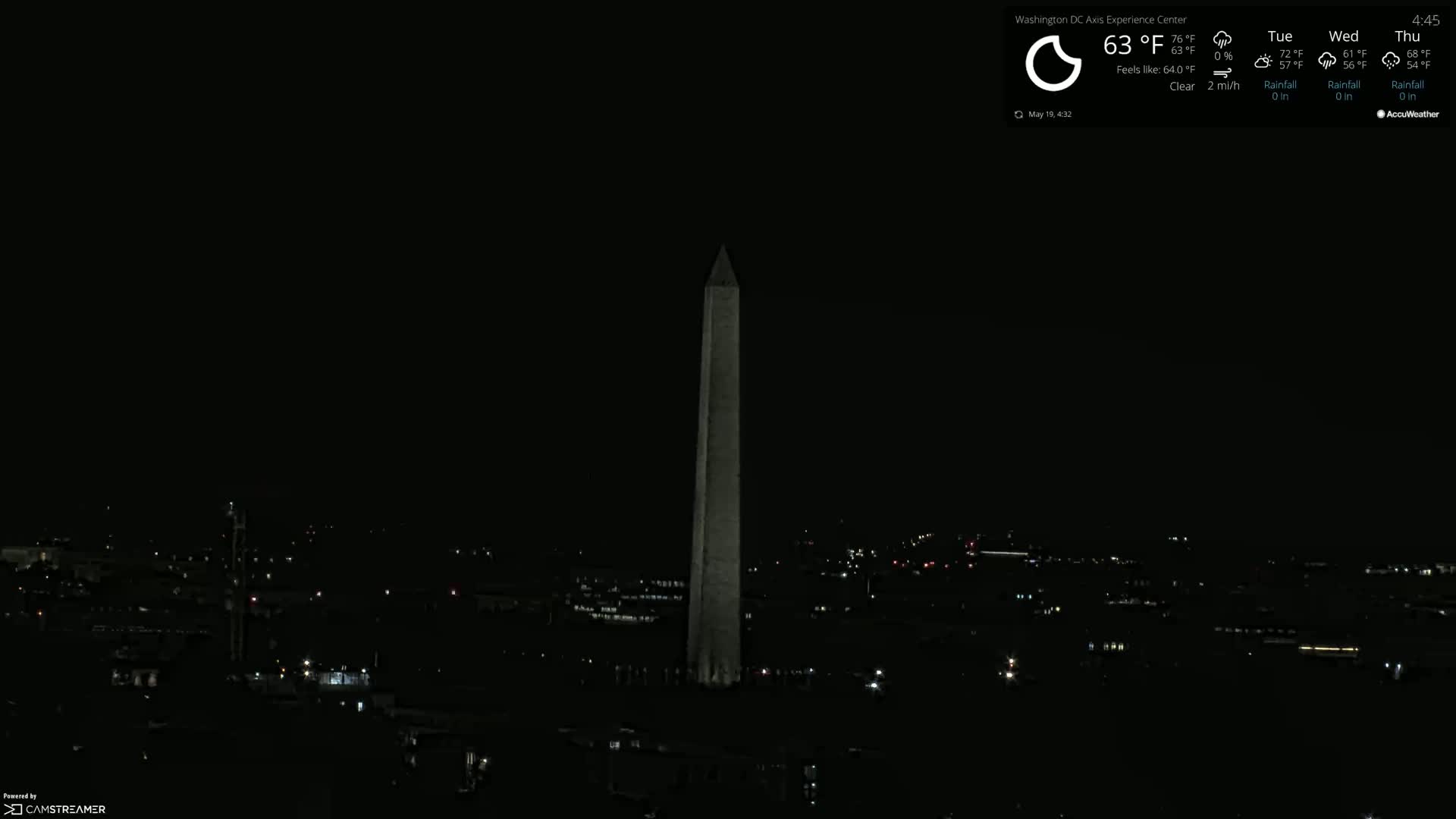 At night, under clear skies, the Washington Monument stands tall, illuminated against a dark cityscape speckled with faint lights.