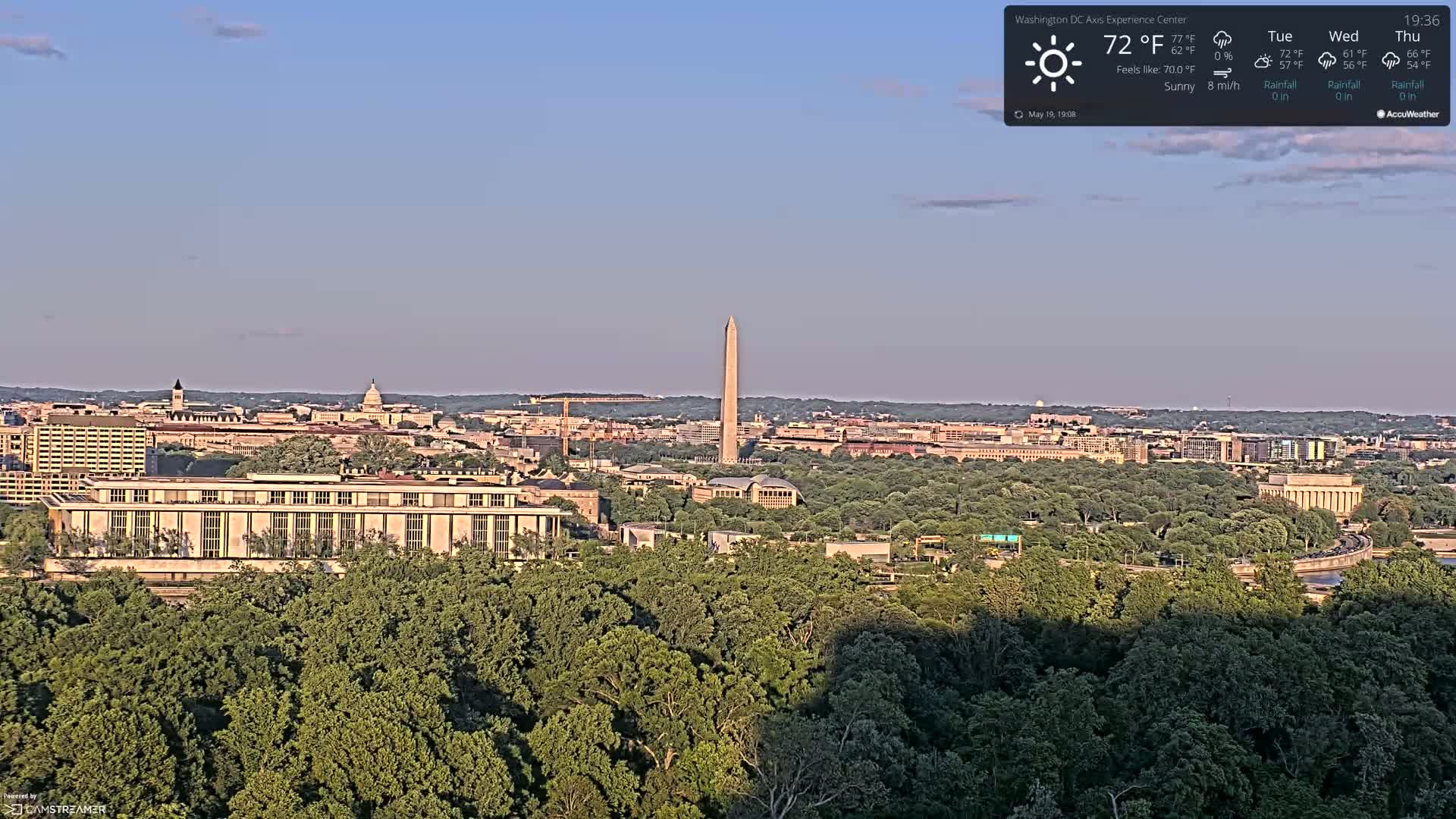 A sunny cityscape with the Washington Monument visible in the distance, viewed from an elevated position overlooking a lush green landscape.